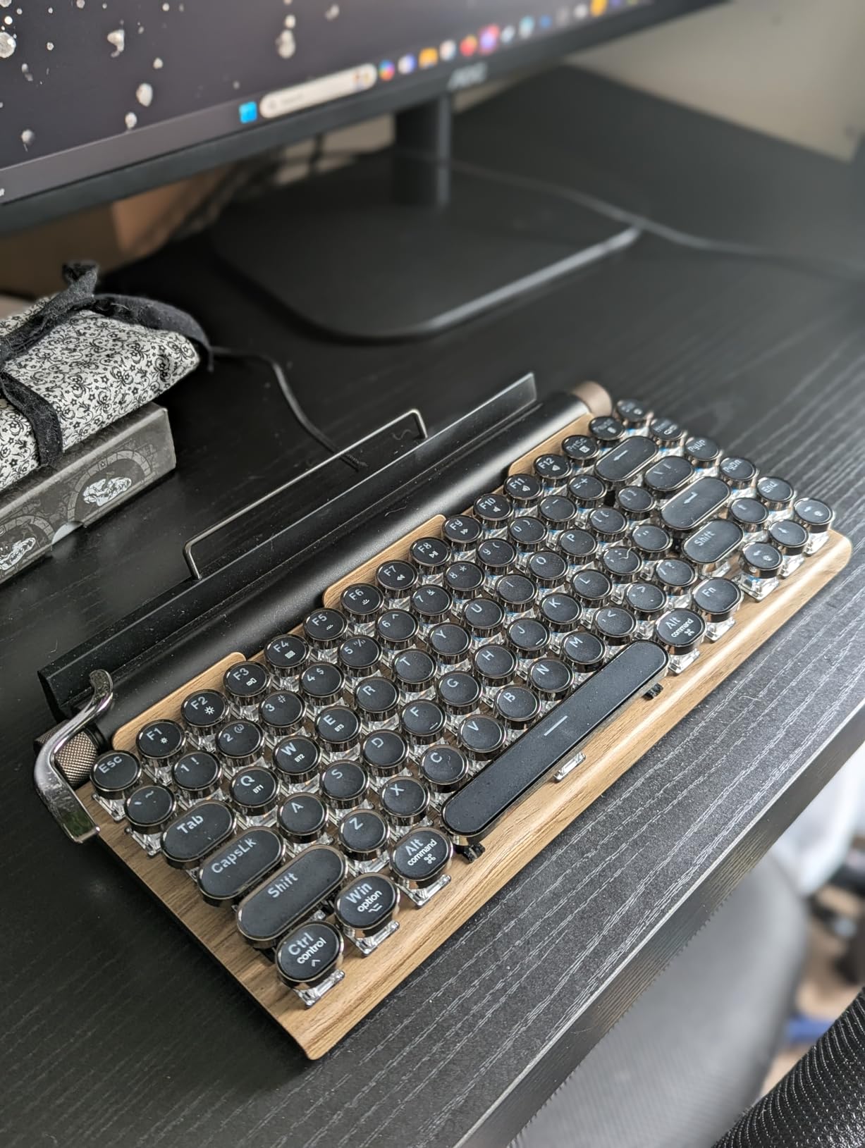 Adventurers Typewriter-Style Retro Mechanical Keyboard LED Backlight 83 Keys Bluetooth 5.0 Blue Axis Wood Color Panel Compatible with iOS/Android/Windows/Vista/Linux/Mac Office/Gaming, 12.8x6.6x1.6in - Customer Photo 1