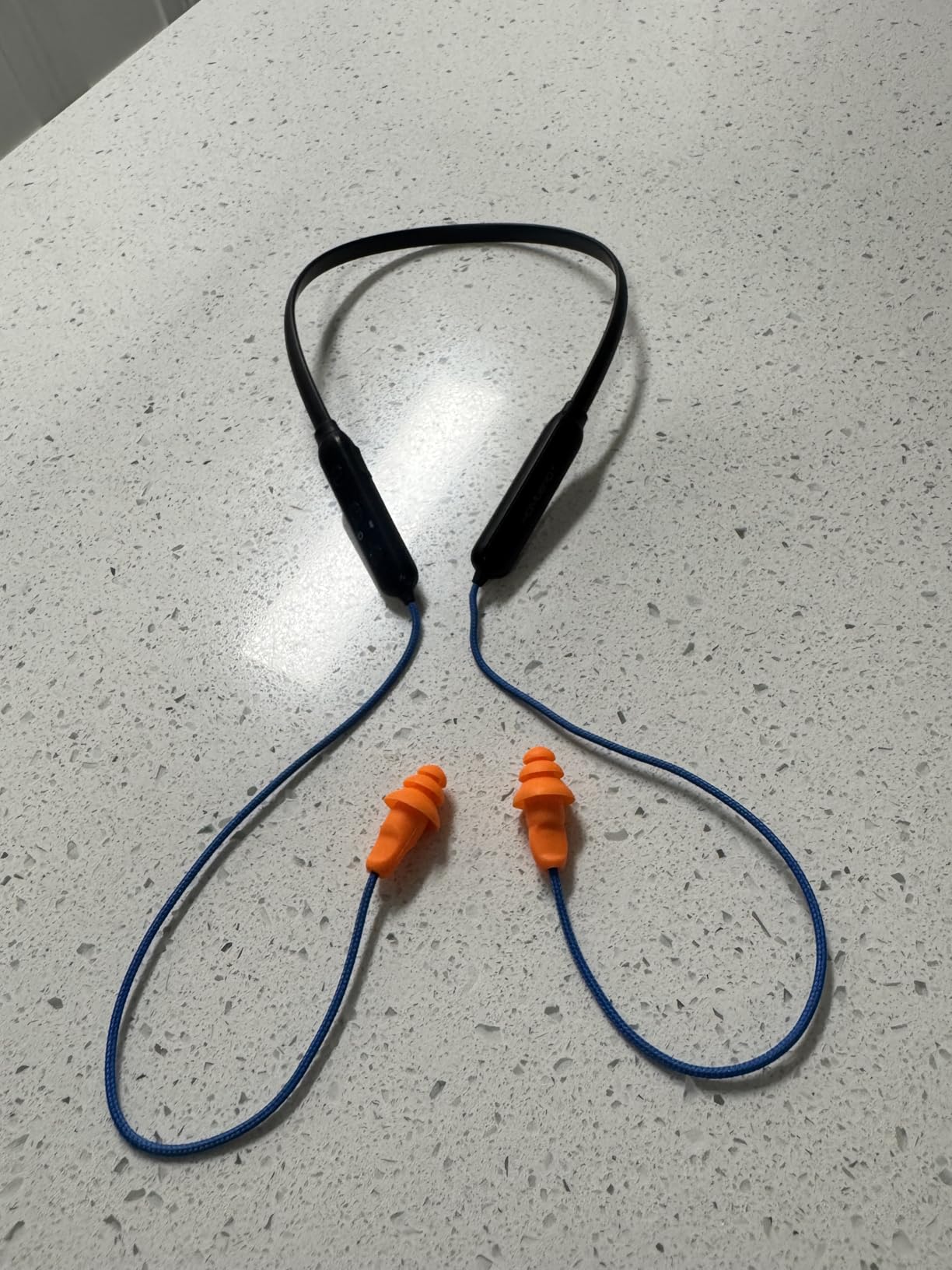 HomeSpot Noise Reduction Wireless Neckband Headphones with Qualcomm aptX HD, 27dB NRR, CVC Noise Cancelling Mic & Controls and 20H Playtime for Work Safety OSHA Compliant - Blue Wire Orange Earbuds - Customer Photo 1