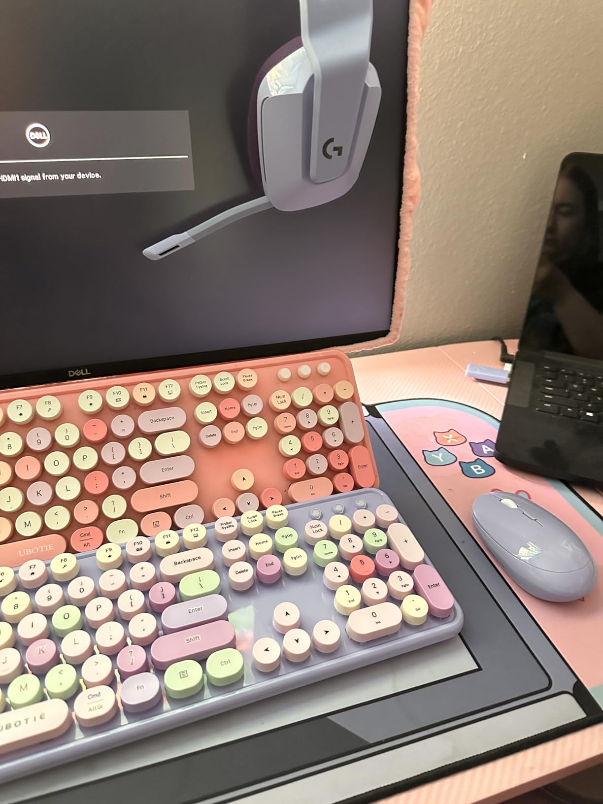 UBOTIE Colorful Computer Wireless Keyboards Mouse Combos, Typewriter Flexible Keys Office Full-Sized Keyboard, 2.4GHz Dropout-Free Connection and Optical Mouse (Milk Tea -Colorful) - Customer Photo 1