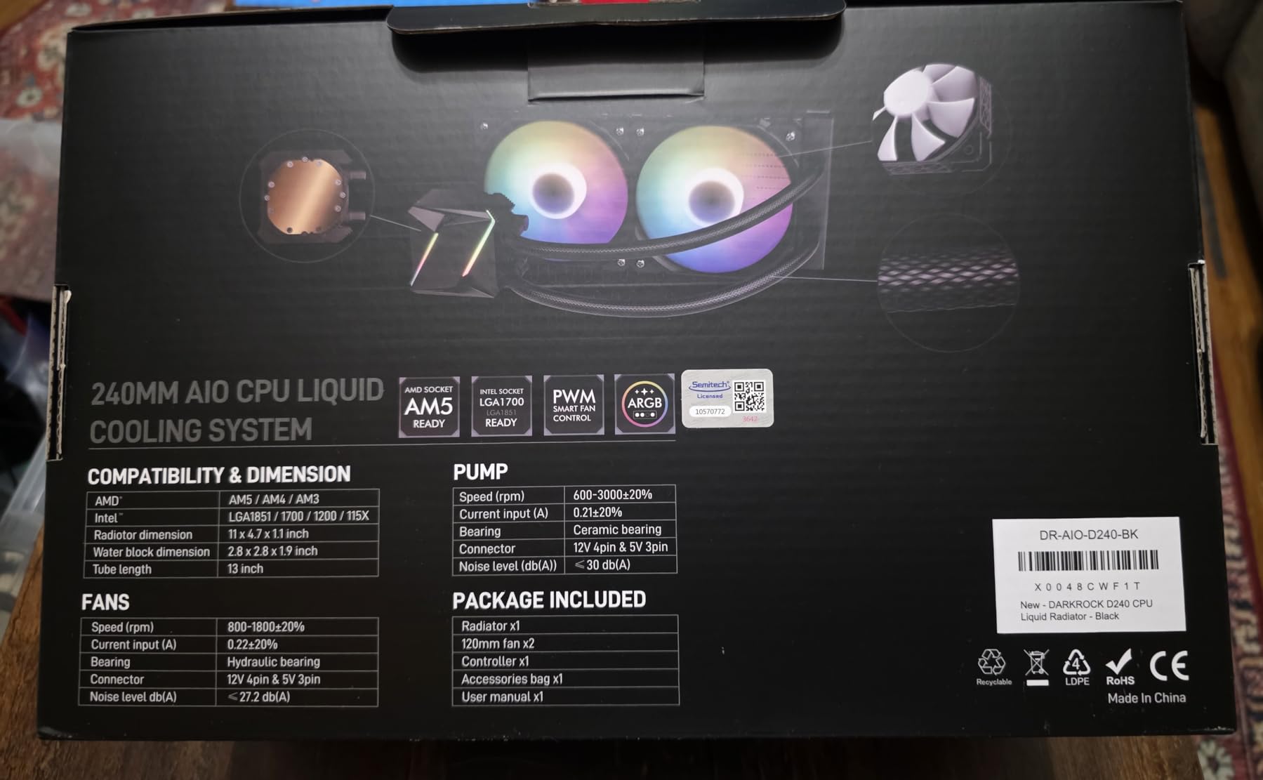 DARKROCK D240 CPU Liquid Cooler with 240 mm Radiator, Addressable RGB Lights, Pure Copper Pump, and AMD, AM5/ AM4, Intel LGA 1851/1700/1200 Brackets Ready - Black - Customer Photo 2