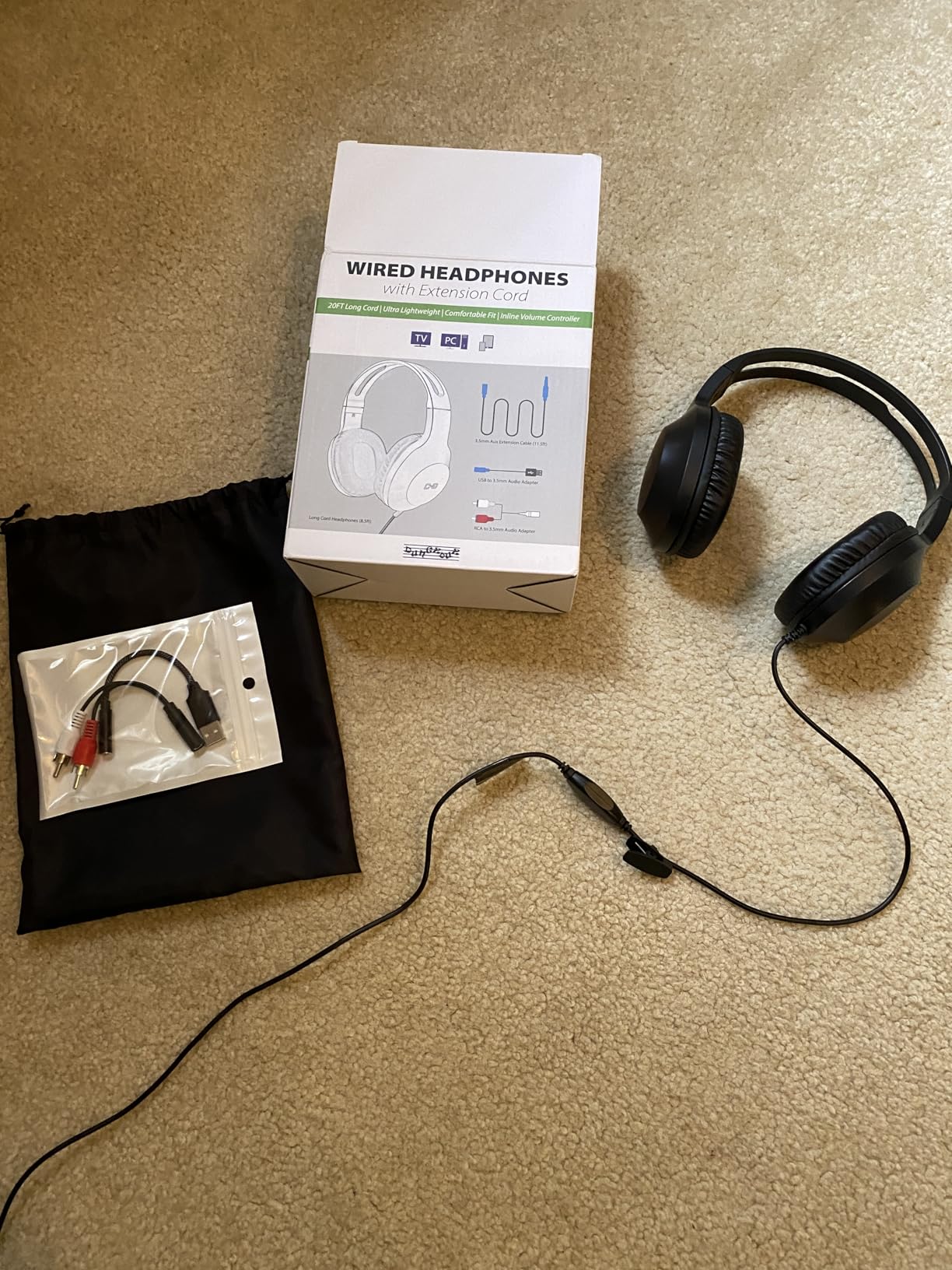 20Ft Extra Long Cord Headphones for TV & PC with Volume Control, Wired TV Headset with Extension Cable, 3.5mm Aux Jack with USB & RCA Adapters for More TVs, Senior Friendly - Customer Photo 1