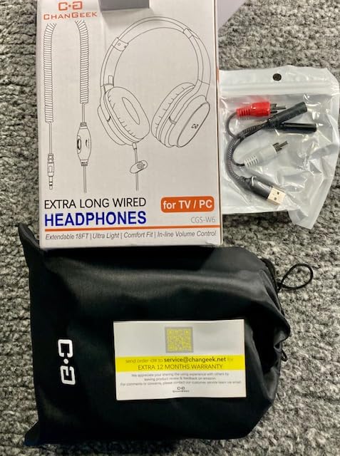 Upgrade Extra Long Cord Headphones for TV & PC with Volume Control, 18 Feet / 5.5M Extension Spring Coiled Cord, 3.5mm AUX with USB & RCA Adapter, Over-Ear Headphone for Smart & Old TVs - Customer Photo 1