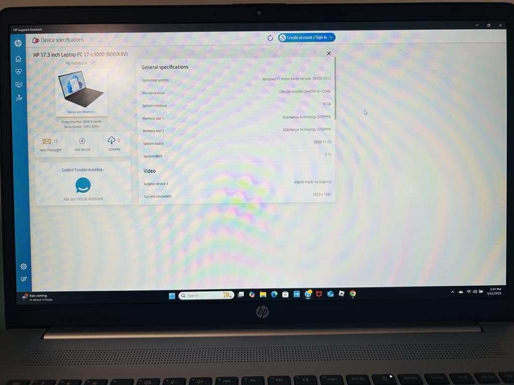 HP 17.3 inch Laptop, FHD Display, Intel Core i5-1334U, 16 GB RAM, 512 GB SSD, Intel Iris Xe Graphics, Windows 11 Home, Natural Silver, 17-cn3399nr - Customer Photo 1