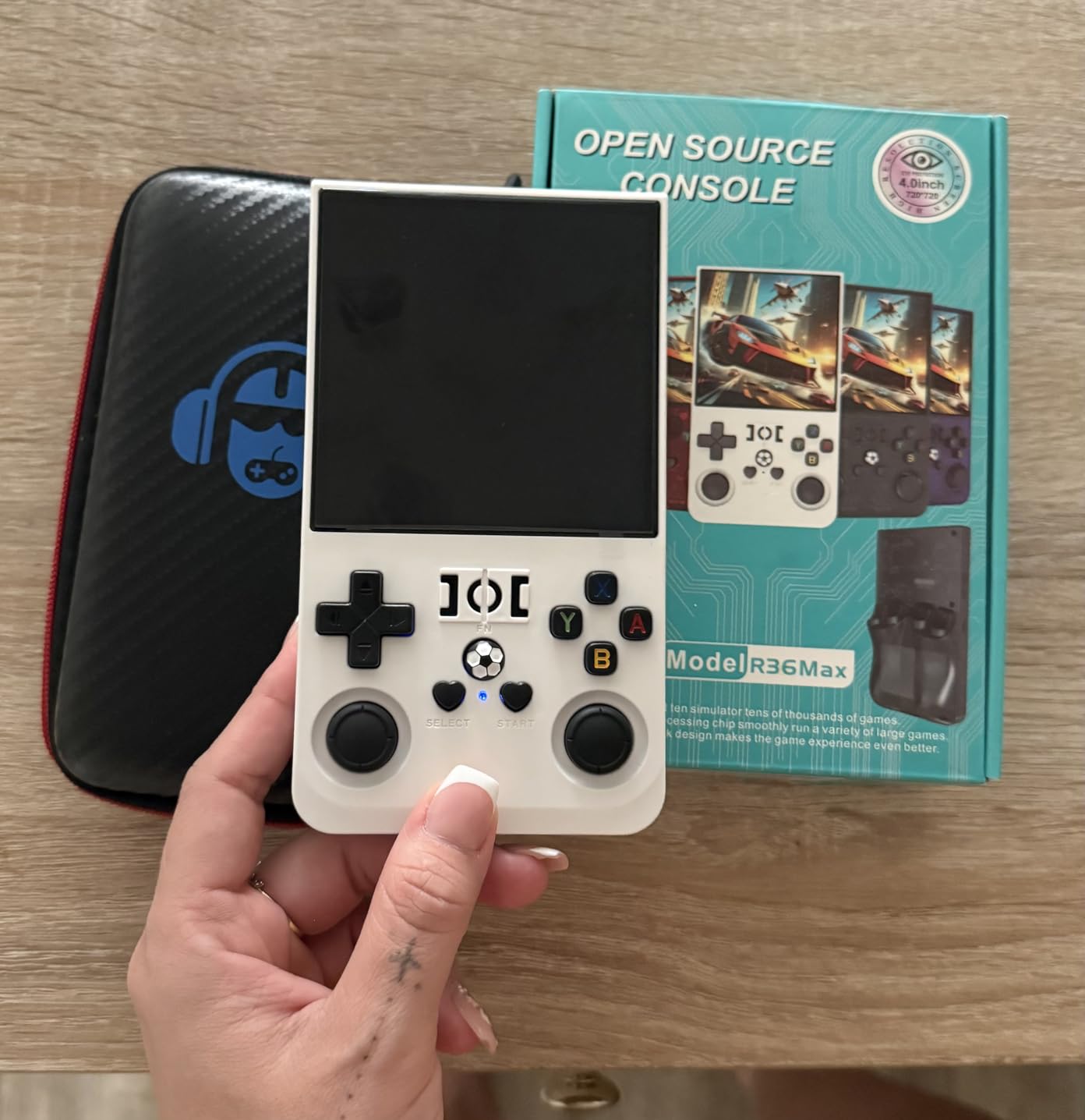 R36MAX Retro Handheld Game Console, 4.0 Inch IPS HD Screen Retro Gaming Console, Linux System, 30＋Emulator Games Retro Game Console, 4000mAh Battery, Built-in 64G TF Card, Black - Customer Photo 1