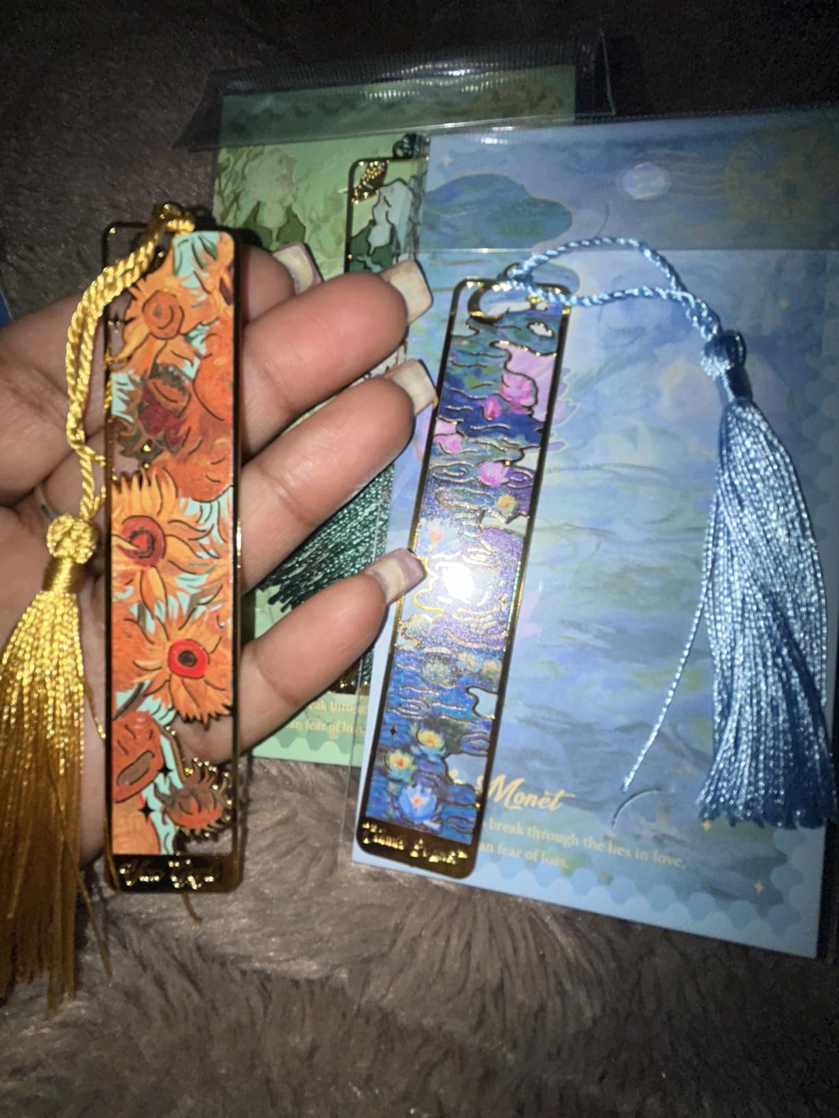 4 Pieces Metal Bookmarks with Tassel, Golden Hollow Bookmark Oil Painting Theme Book Mark Bookmarks for Book Lovers Writers Readers Children Teens Men Women Adults - Customer Photo 2