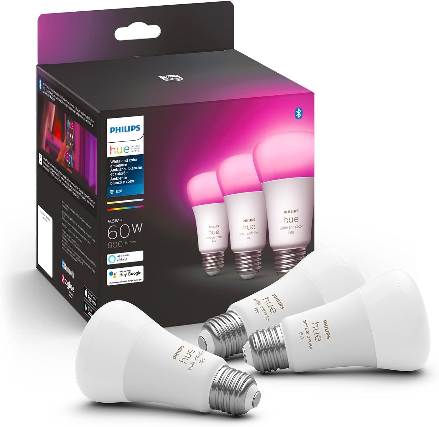 Philips Hue A19 LED Smart Light Bulb - White and Color Ambiance - 60W Indoor Light Bulb - Control with Hue App - Works with Alexa, Google Assistant and Apple Homekit - 3 Pack customer photo 1