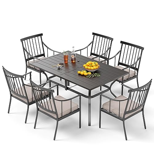 PHI VILLA 7 Piece Outdoor Dining Set with Cushion, 60” Rectangular Metal Dining Table with Umbrella Hole & 6 Cushioned Iron Chairs for Patio, Deck, Yard - Customer Photo 2