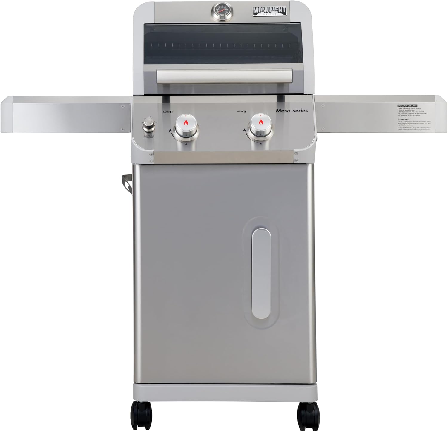 Monument Grills 2-Burner Stainless Steel Liquid Propane Gas Grill, Two Foldable Shelves Patio Garden Barbecue Grill with Clearview® Lid, Knob Control Mesa200S - Monument Grills