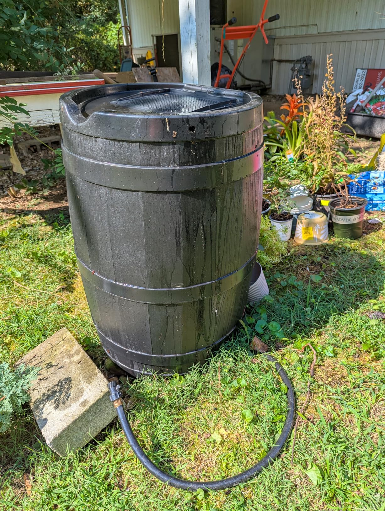 FCMP Outdoor 45 Gallon Heavy Duty Rain Water Catcher Barrel Container with Hose and Debris Screen for Outdoor Plants, Garden, and Landscapes (RC45-BLK) Black customer photo 2