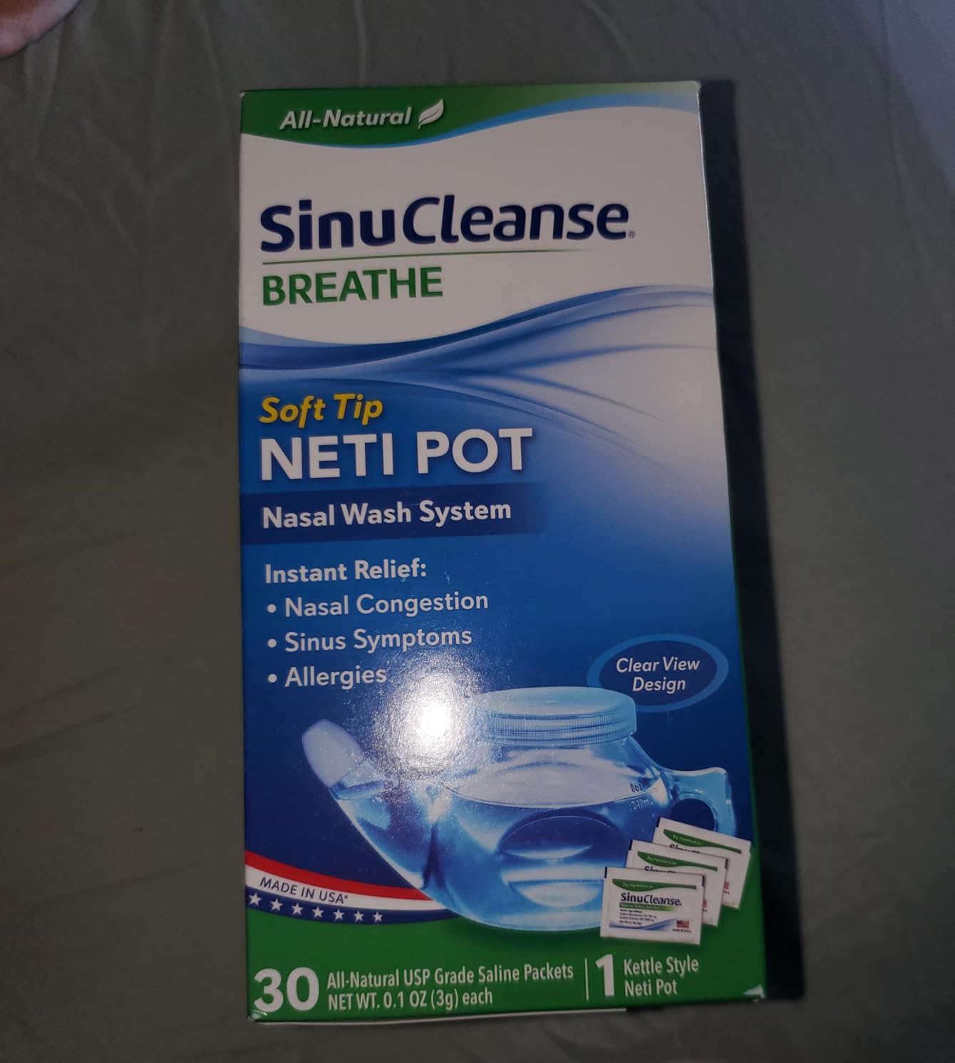 SinuCleanse Soft Tip Neti Pot Nasal Wash System, Relieves Nasal Congestion Due to Cold & Flu, Dry Air, Allergies, 30 All-Natural Saline Packets, Made in USA customer photo 1