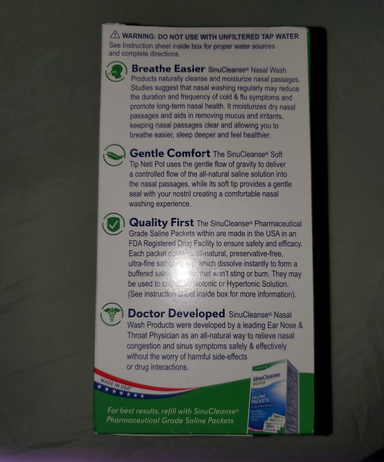 SinuCleanse Soft Tip Neti Pot Nasal Wash System, Relieves Nasal Congestion Due to Cold & Flu, Dry Air, Allergies, 30 All-Natural Saline Packets, Made in USA customer photo 2