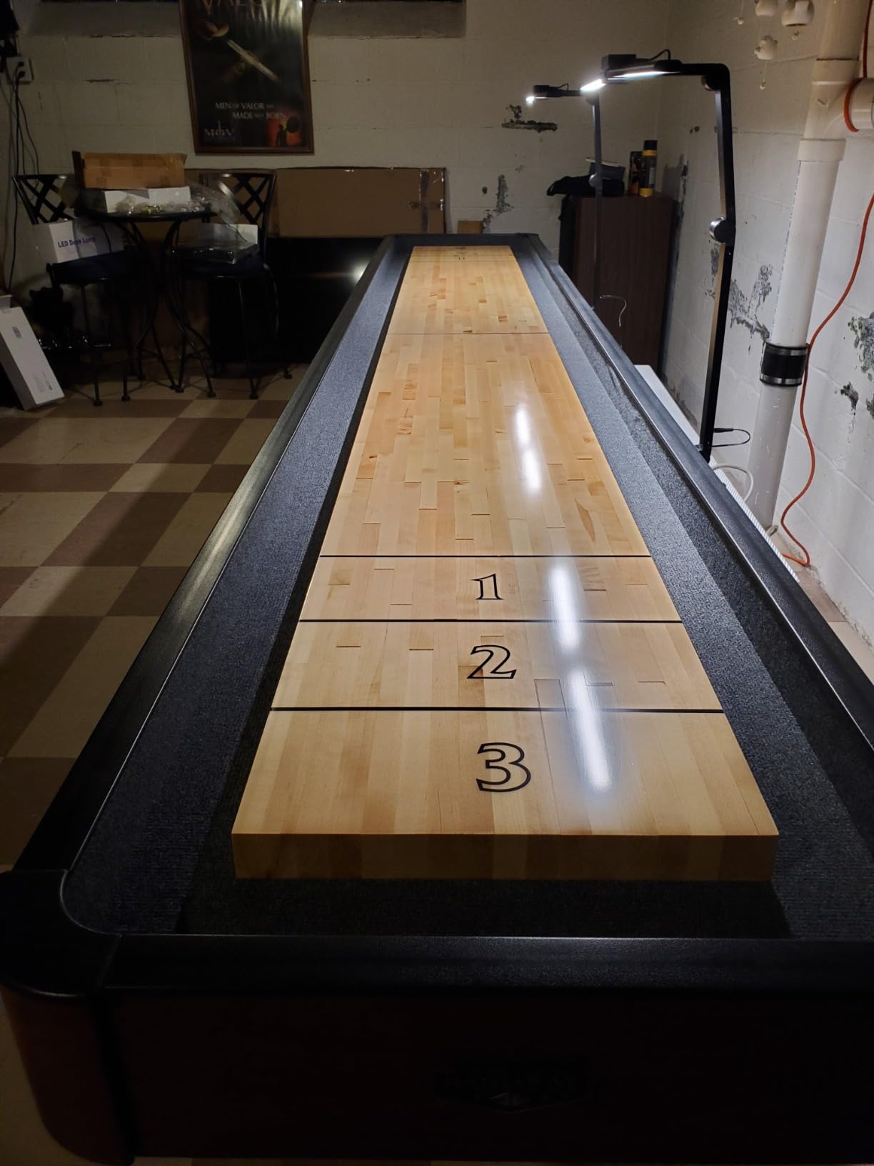 Hathaway Challenger Shuffleboard Table for Family Arcade Game Room - with Poly-Coated Playfield, Built-in Scorer & Cabinet, Climate Adjusters, Leg Levelers, 8 Pucks, Brush & Wax - Walnut Finish customer photo 2