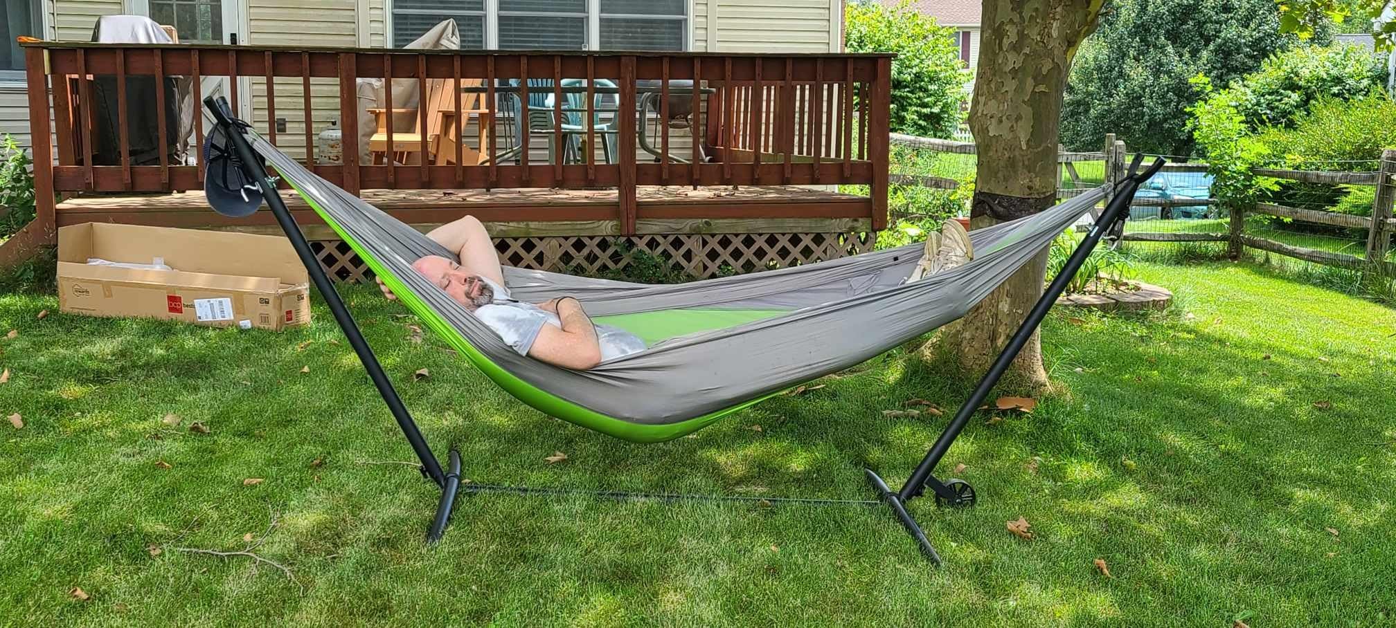 Best Choice Products Portable Heavy-Duty 9ft Steel Hammock Stand w/Built-in Wheel, Carrying Case, Weather-Resistant Finish, 450lb Capacity customer photo 2