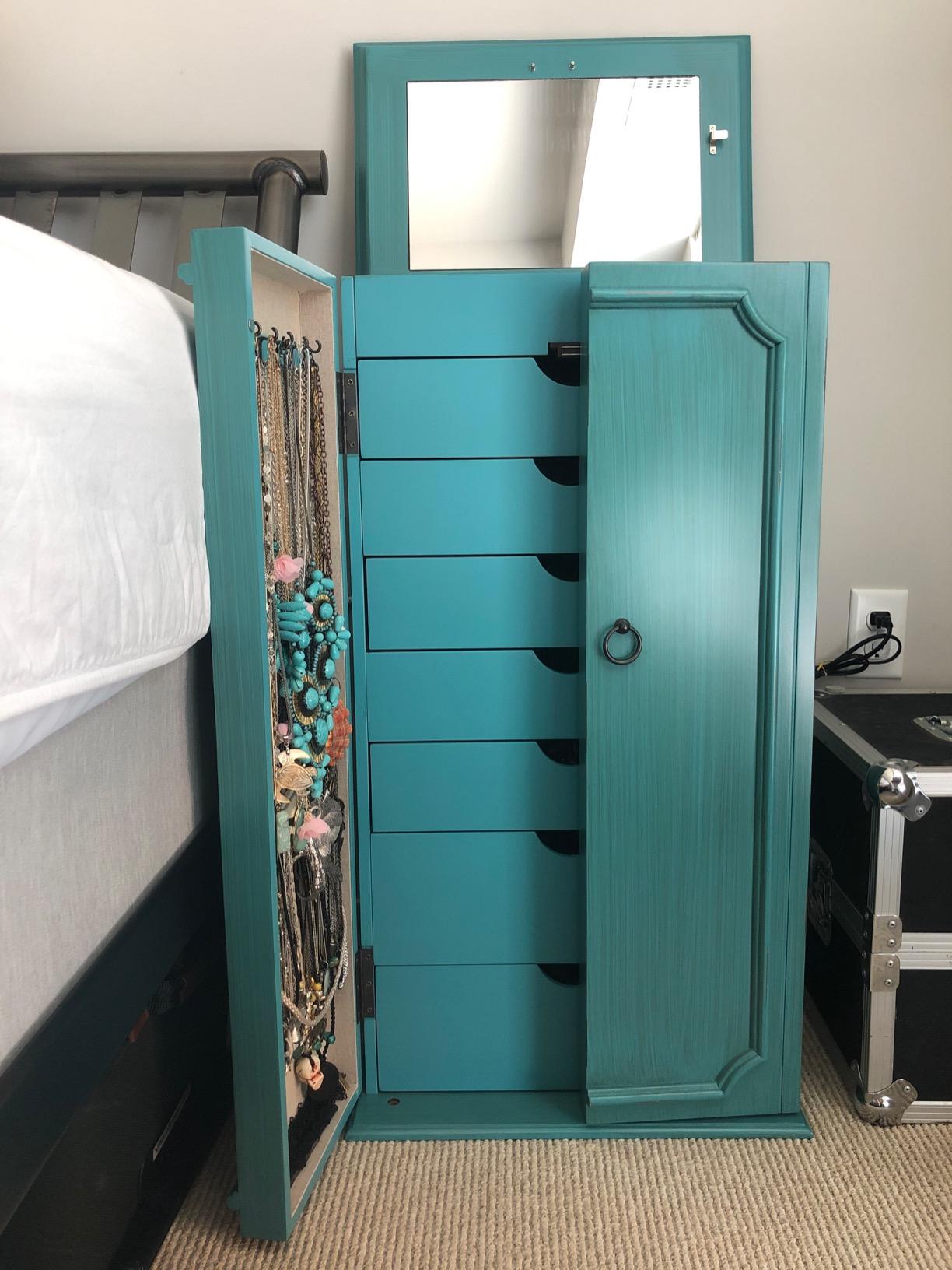 Hives and Honey Cabby Standing Jewelry Armoire - Fully Locking Wood Jewelry Storage with Mirror, 7 Drawers, Necklace Hooks, and Anti-Tarnish Lining - Turquoise customer photo 2