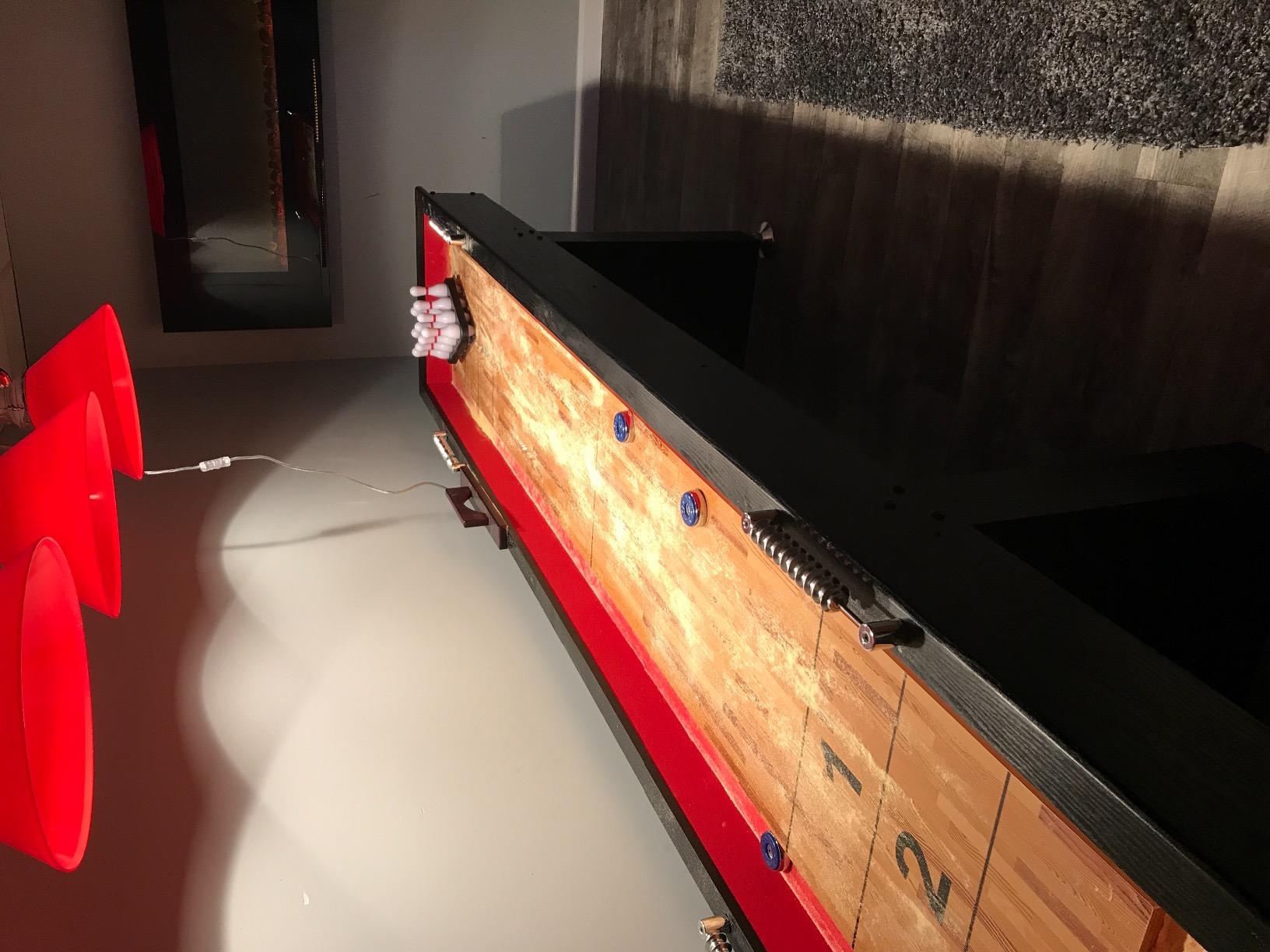 Hathaway Avenger 9 Ft Shuffleboard Table for Family Game Room - Poly-Coated Playfield, Built-in Scorer & Cabinet, Carpeted Gutters, 8 Pucks, Brush & Wax - Black Finish customer photo 2