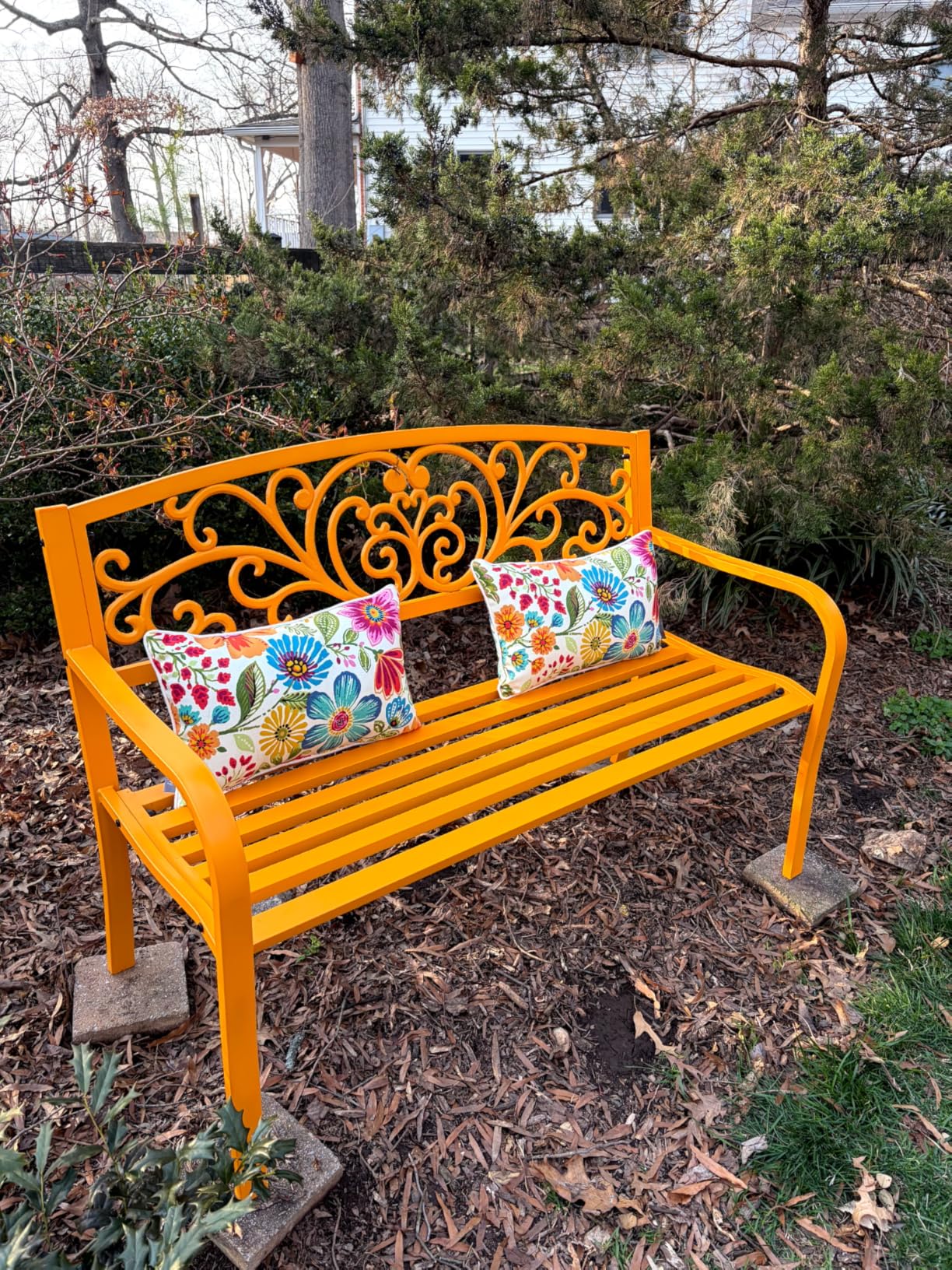 Best Choice Products Outdoor Bench Steel Garden Patio Porch Furniture for Lawn, Park, Deck w/Floral Design Backrest, Slatted Seat - Black customer photo 1