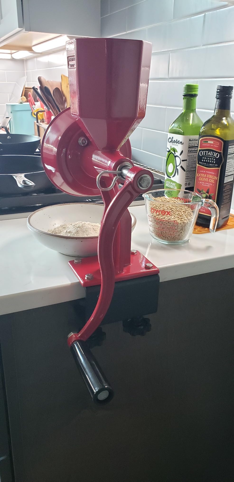 Junior Deluxe Grain Mill for Flour, Hand Crank Wheat Mill for Grains, Nuts, Seeds, Oily Foods & Spices, Grain Grinder with Stone and Stainless Steel Burrs (Red) customer photo 2