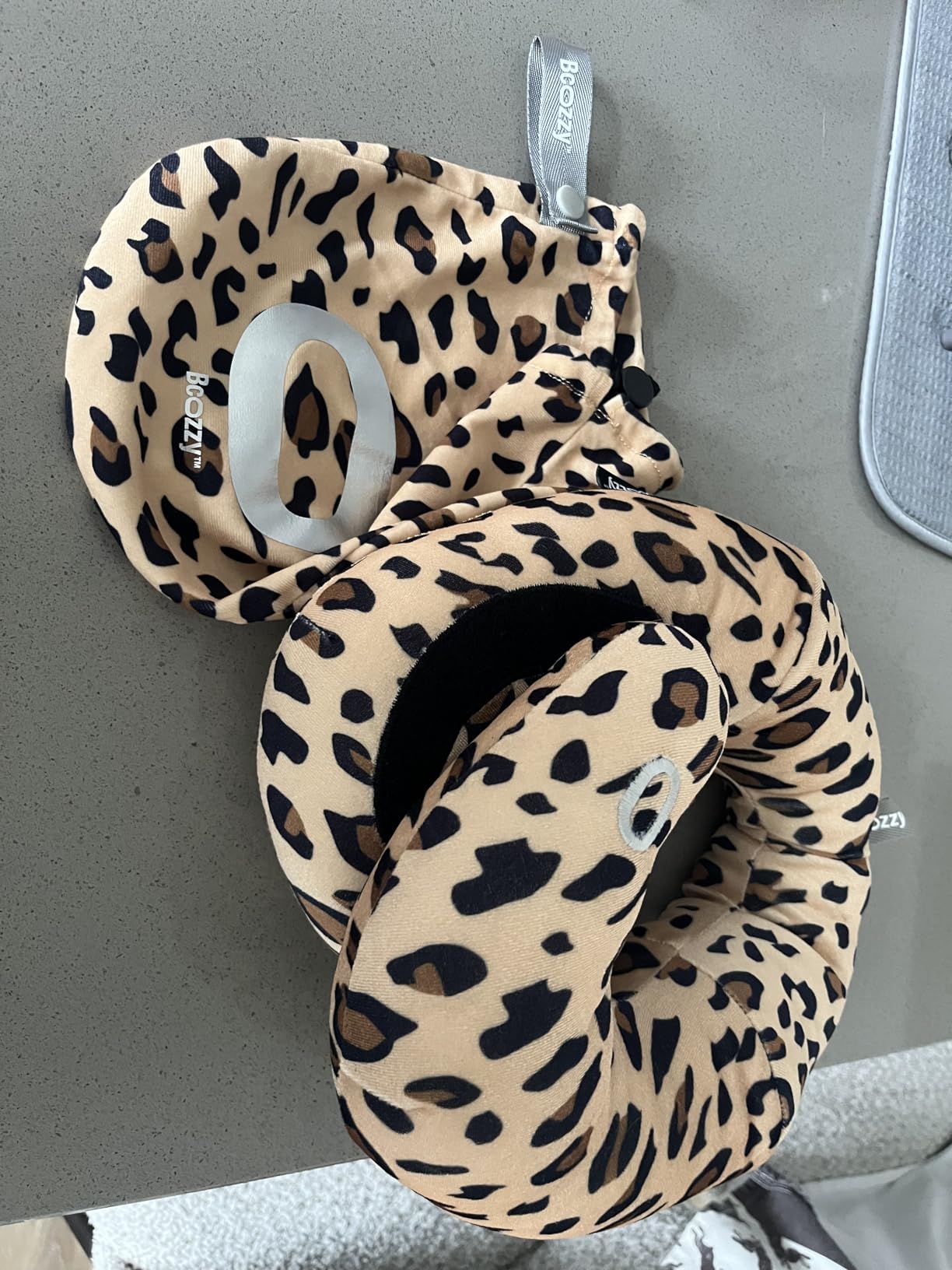 BCOZZY Travel Neck Pillow for Airplane - Patented Double Support for Head, Neck, and Chin. Best for Long Flights, Plane Sleeping, and Car Rides. Adjustable Size. Fully Washable. Carry Bag. Large, Navy customer photo 2