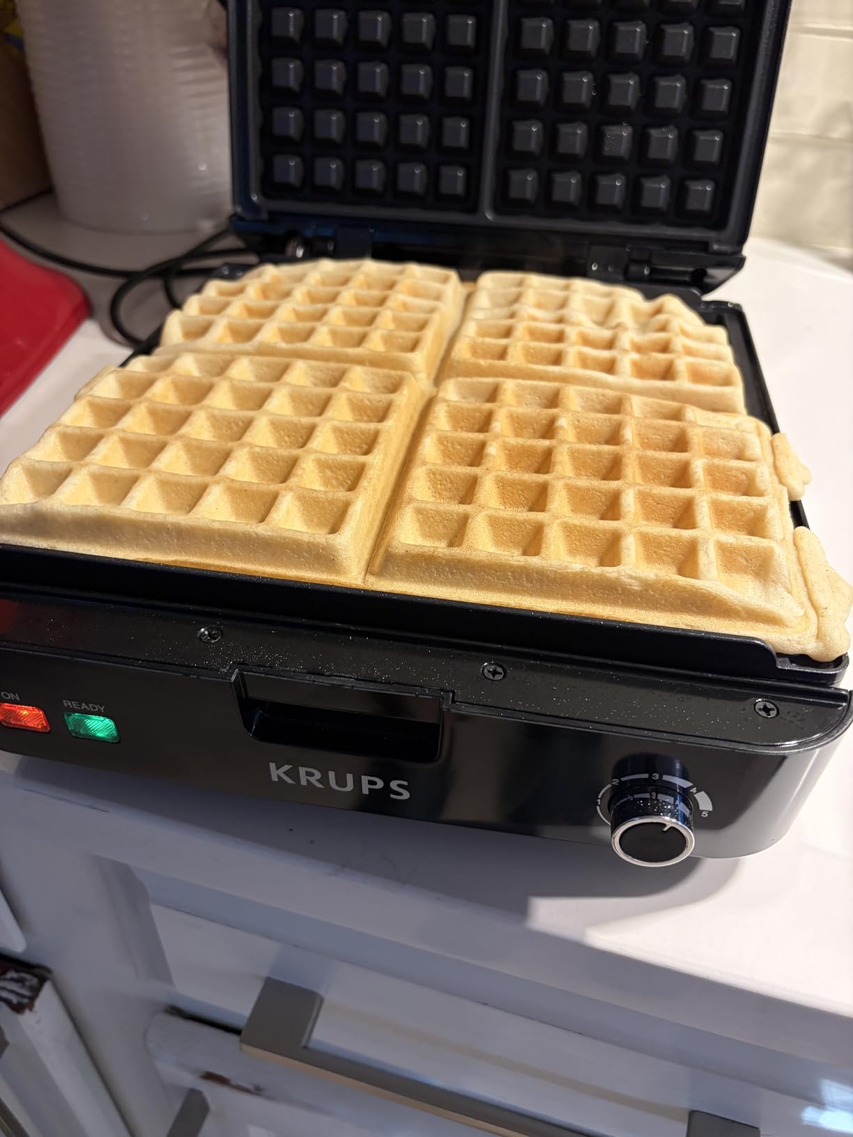 KRUPS 4-Slice Belgian Waffle Maker: Stainless Steel, 5 Browning Levels, Audible Ready Beep, Removable Plates, 1200W, Silver/Black, Large Waffle Maker Family Size, Great for Family Breakfasts customer photo 2
