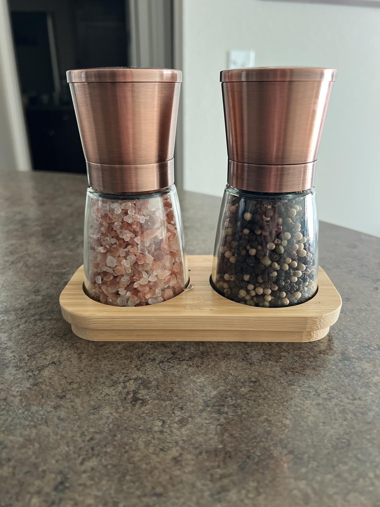 Premium Salt and Pepper Grinder Set with Bamboo Holder - 6 oz, Copper Stainless Steel - S&P Spice Shakers - Refillable & Adjustable Coarseness Hand Mill for Spices & Seasonings - by PJC-Kitchen customer photo 1