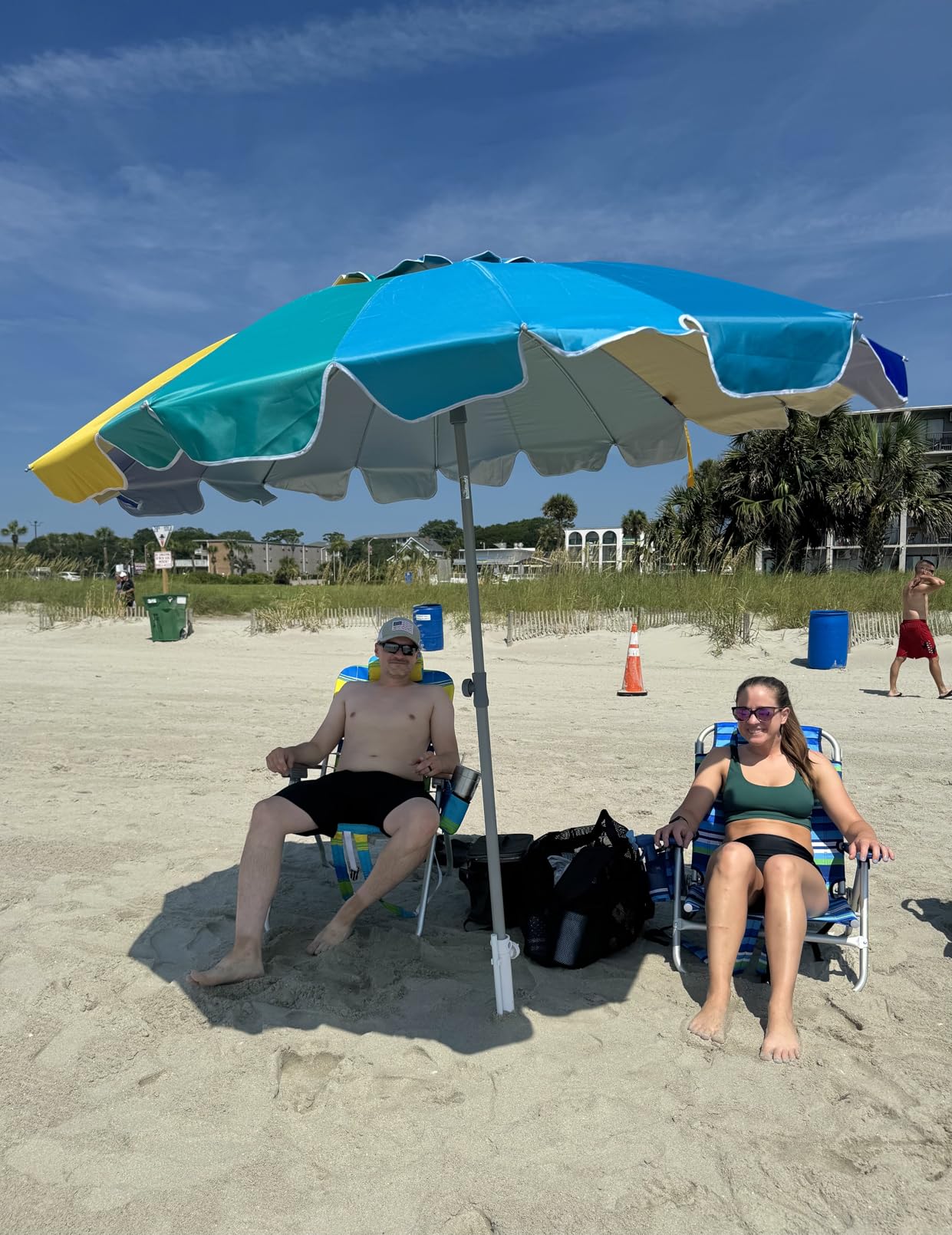 AMMSUN 7.5ft Large Heavy Duty HIGH Wind Beach Umbrella with sand anchor & Tilt Sun Shelter, UPF 50+ Protection Outdoor Umbrellas Sunshade with Carry Bag for Patio Garden Pool Backyard Rainbow customer photo 1