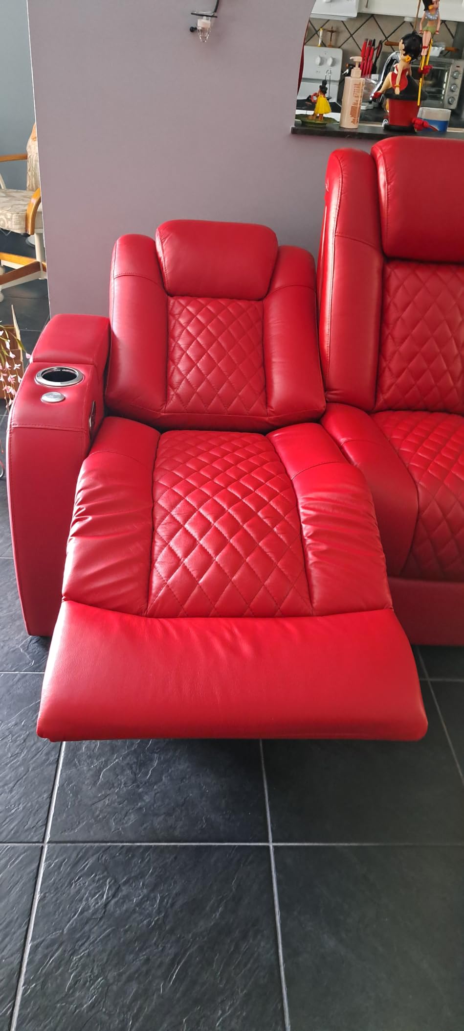 Seatcraft Anthem Home Theater Seating - Italian Leather - Power Recline Sofa - Fold-Down Table - Powered Headrests - Arm Storage - USB Charging - Cup Holders, Black customer photo 2