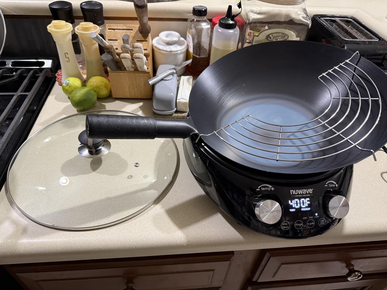 Nuwave Mosaic Induction Wok, Precise Temp Controls from 100°F to 575°F in 5°F, Wok Hei, Infuse Complex Charred Aroma & Flavor, 3 Watts 600,900 & 1500, Authentic 14-inch Carbon Steel Wok Included, Black customer photo 2