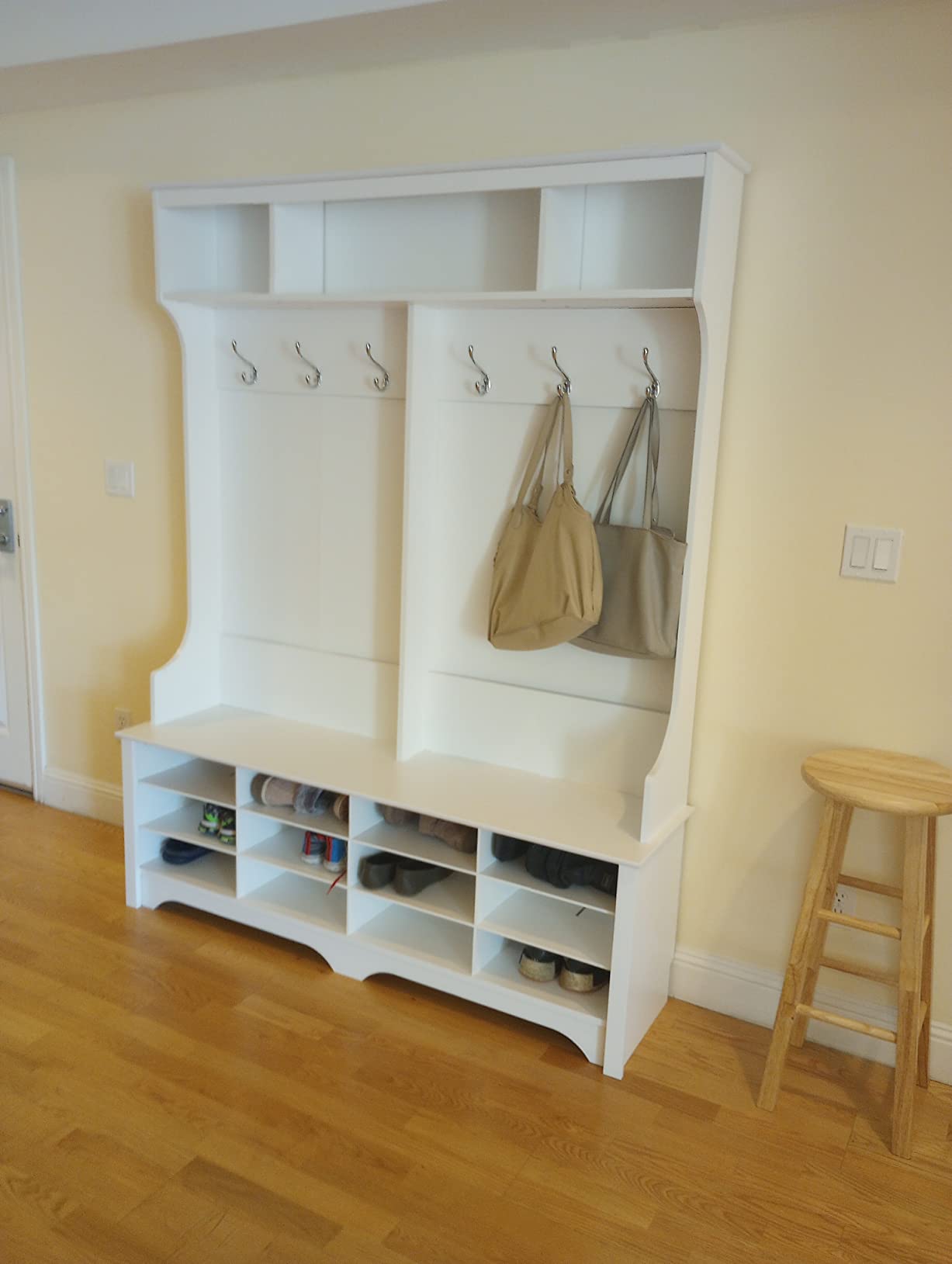 Prepac Entryway Organizer, Coat Rack, Hall Tree features 4 Hooks for Coat Storage, & Hanging Bags; Furniture for Entryway with Bench & 15 Cubbies for Shoe Storage, 38