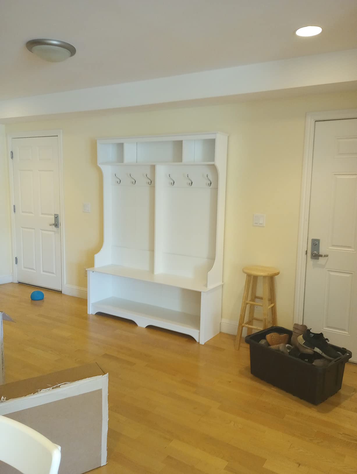 Prepac Entryway Organizer, Coat Rack, Hall Tree features 4 Hooks for Coat Storage, & Hanging Bags; Furniture for Entryway with Bench & 15 Cubbies for Shoe Storage, 38