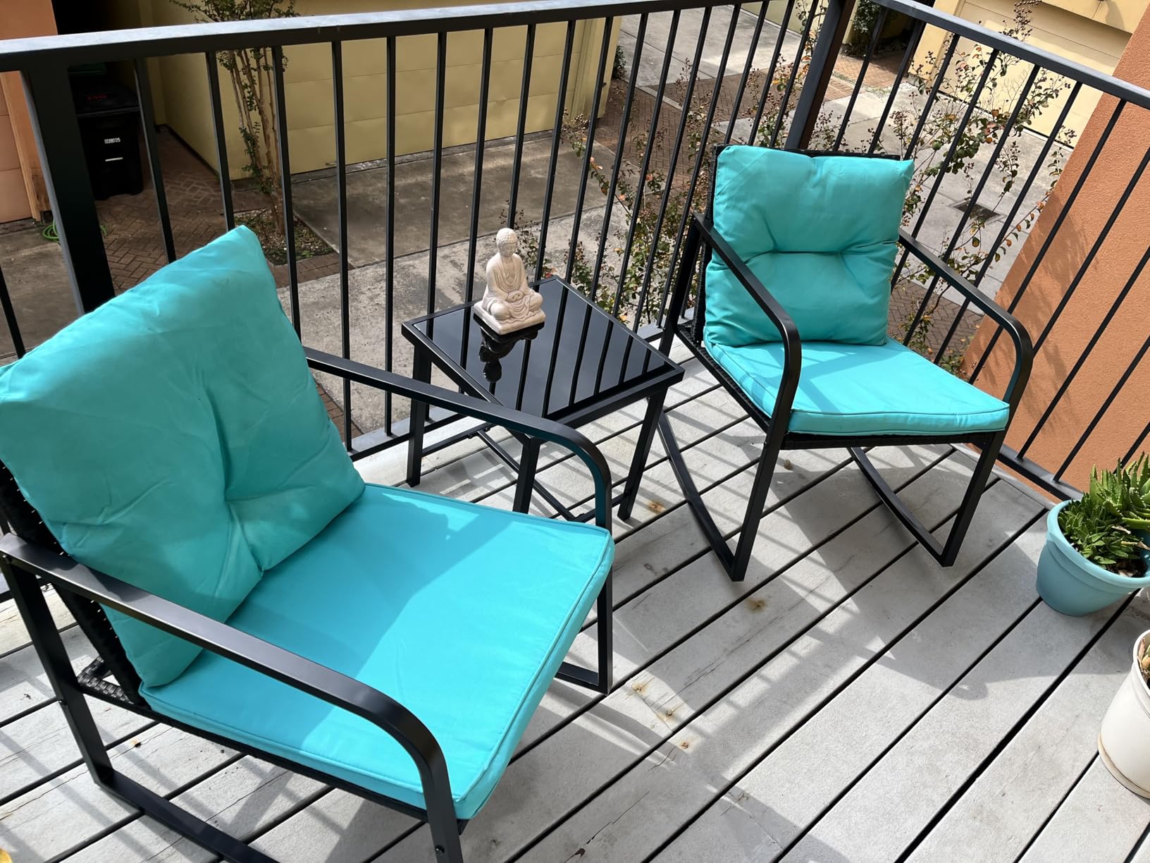 Devoko 3 Piece Rocking Bistro Set Wicker Patio Outdoor Furniture Porch Chairs Conversation Sets with Glass Coffee Table (Beige) customer photo 2