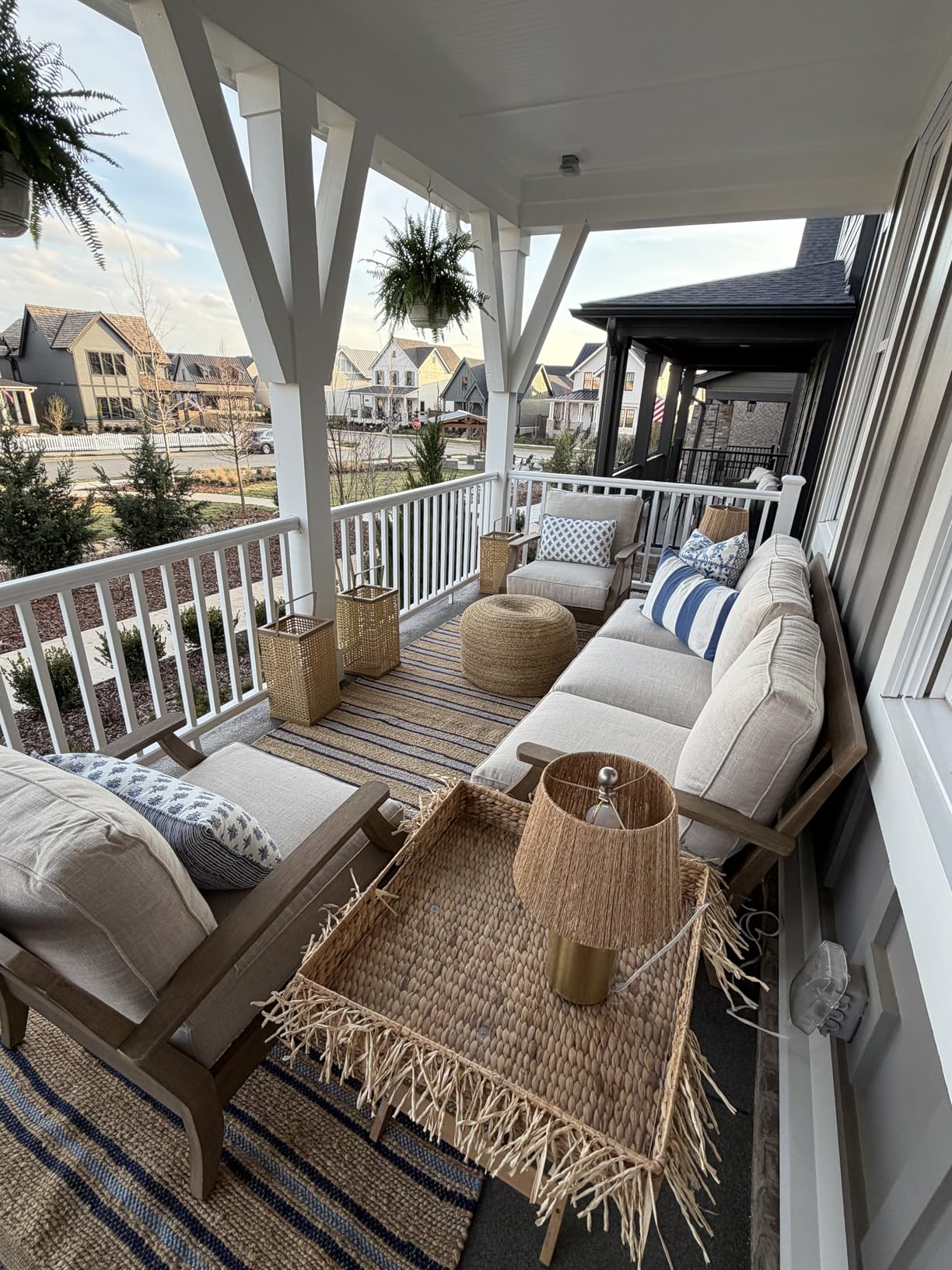 Signature Design by Ashley Clare View Outdoor Patio Sofa, 4 Throw Pillows, Nuvella Weather Resistant Fabric, Eucalyptus Wood, 81