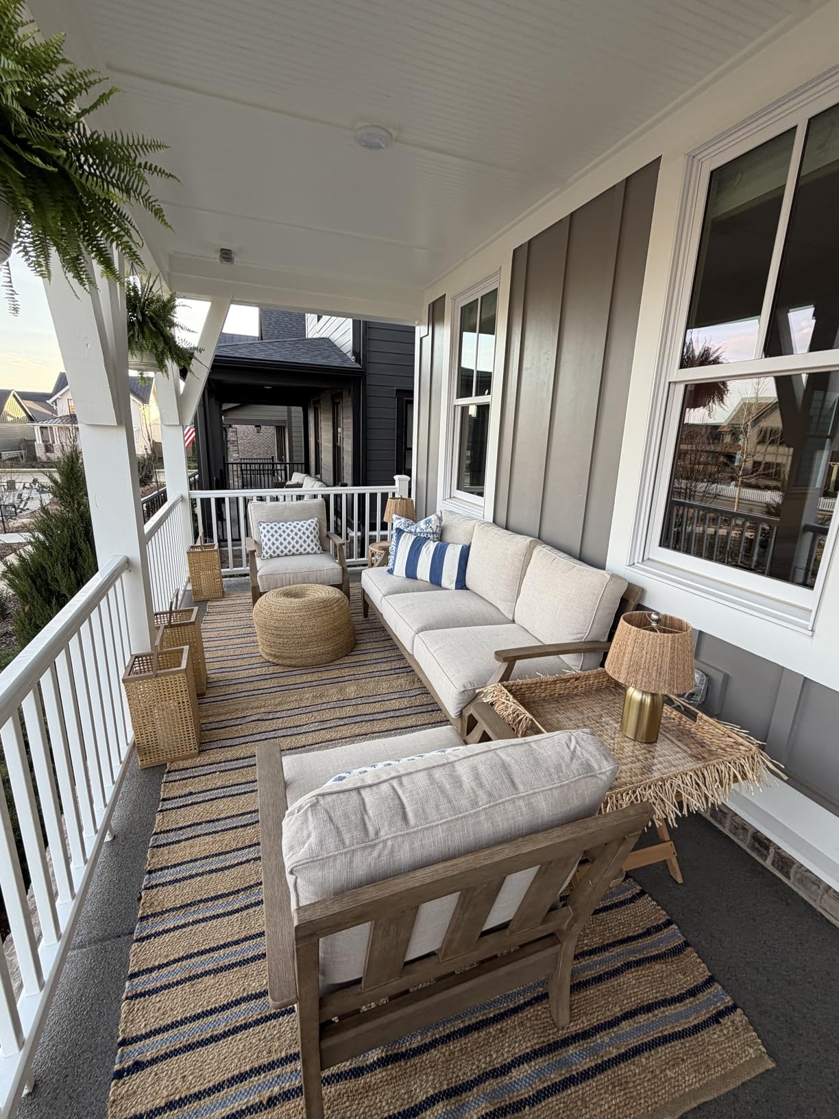 Signature Design by Ashley Clare View Outdoor Patio Sofa, 4 Throw Pillows, Nuvella Weather Resistant Fabric, Eucalyptus Wood, 81