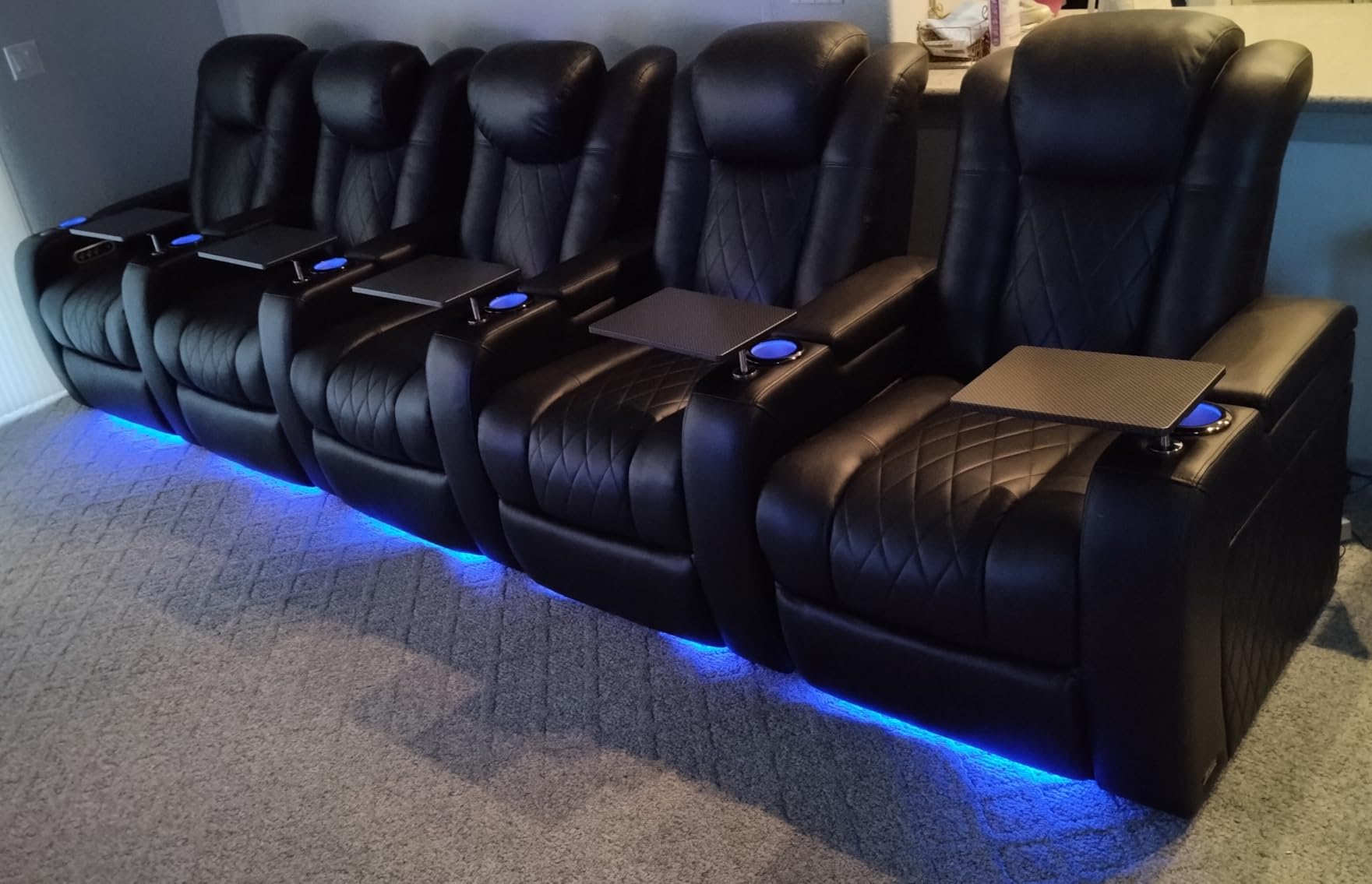 Valencia Tuscany Home Theater Seat - Nappa Leather Power Recliner with Cool Gel Memory Foam, USB-C/USB-A Charging, RGB LED Lights, Adjustable Lumbar & Headrest (Row of 3, Black) customer photo 1