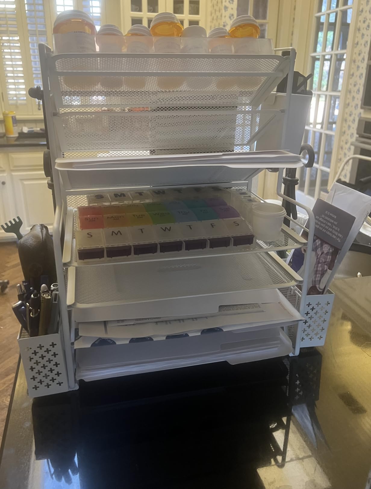 Simple Trending 7 Tier Desk File Organizer, Letter Tray Paper Organizer with Pen Holder and Metal Hanging Basket, Black customer photo 2