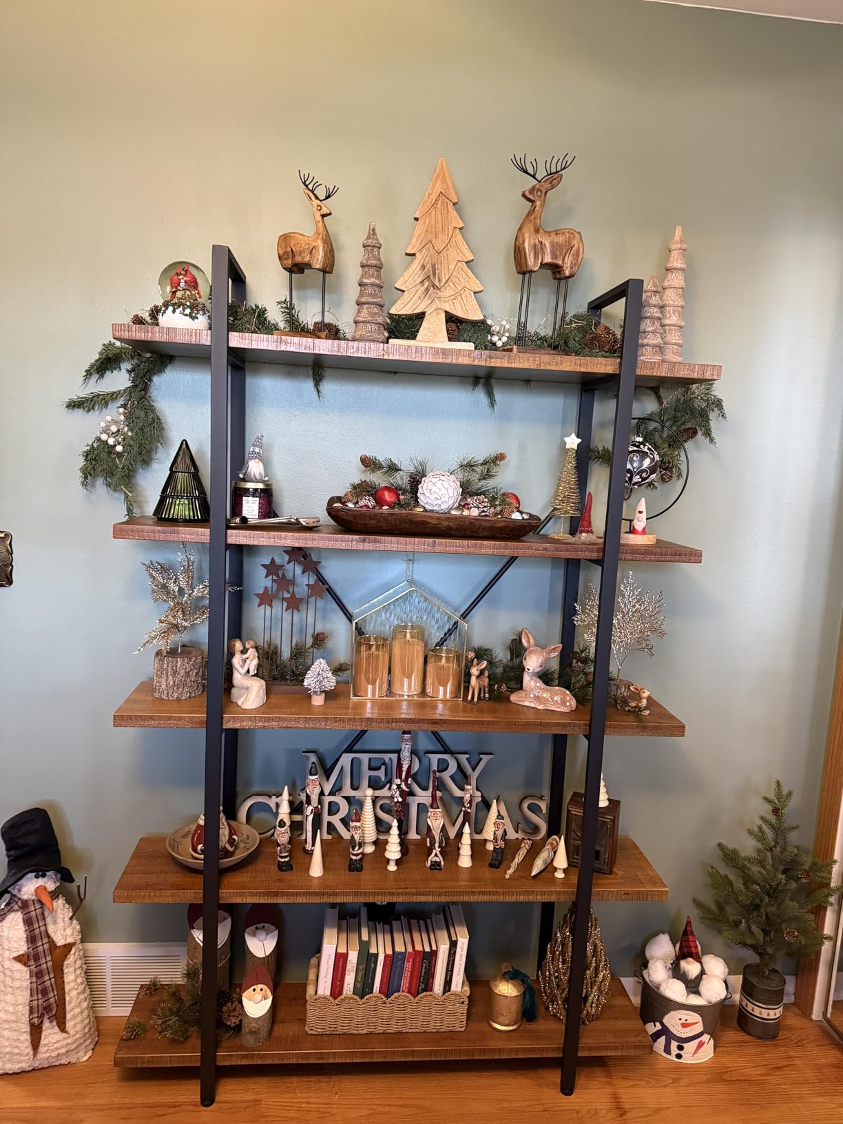 HSH Solid 4 Tier Natural Real Wood Bookshelf, 4 Shelf Rustic Wooden and Metal Bookcase, Farmhouse Open Vintage Industrial Etagere Book Shelf for Office Living Room Bedroom Storage, Distressed Brown customer photo 1