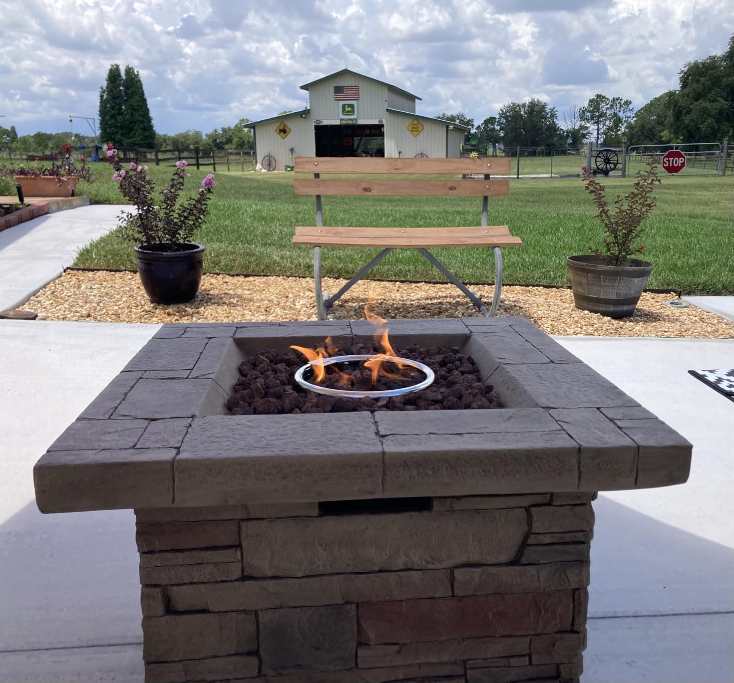 COSIEST Outdoor Propane Fire Pit Table w Faux Brown Ledgestone 32-inch Square Fire Table, Certified, 50,000 BTU Stainless Steel Burner, Free Lava Rocks, Fits 20lb Tank Inside customer photo 1