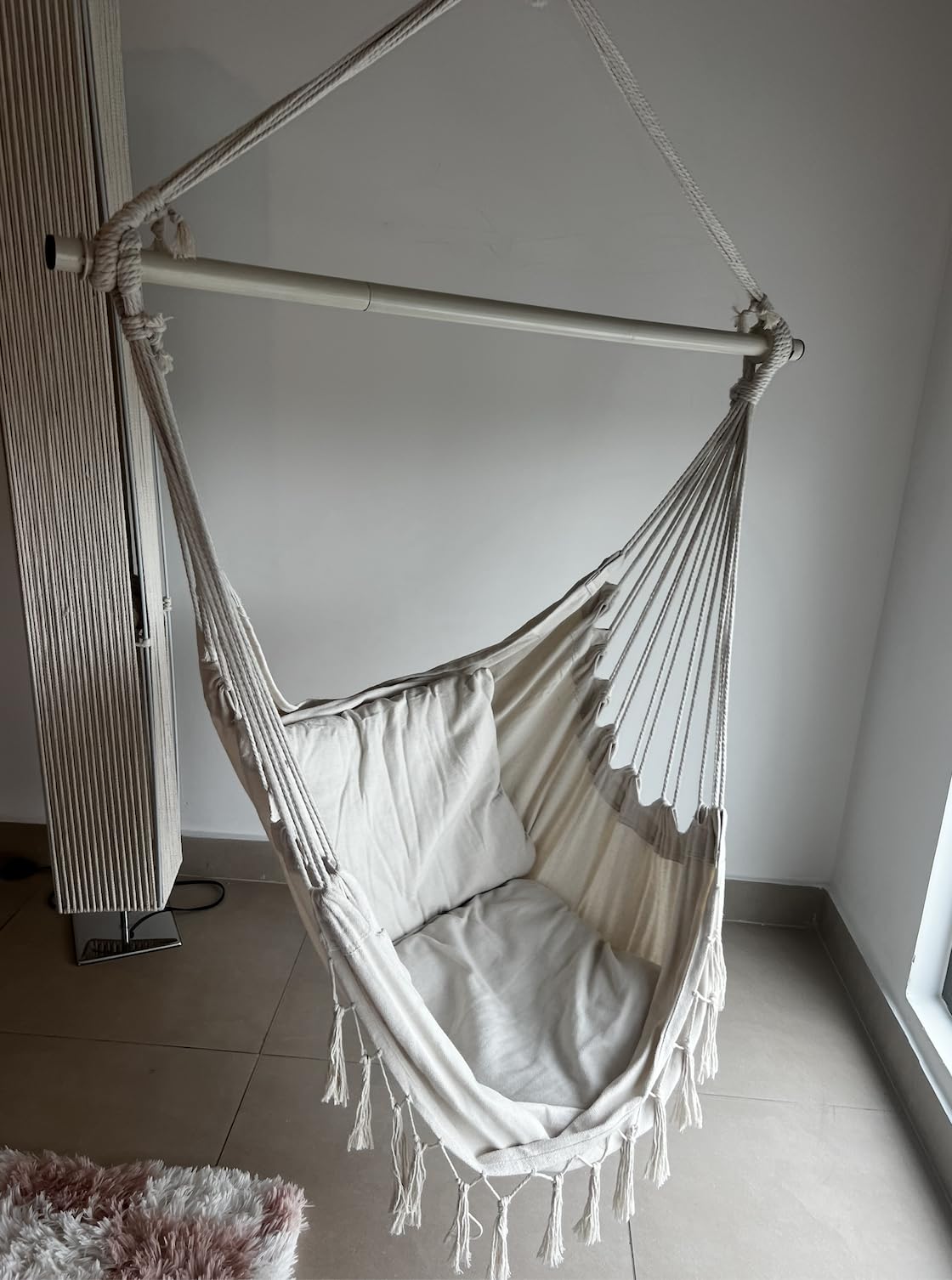 Y- STOP Hammock Chair Hanging Rope Swing, Max 500 Lbs, 2 Cushions Included, Large Macrame Hanging Chair with Pocket, Cotton Weave for Superior Comfort, Durability (Dark Grey) customer photo 2