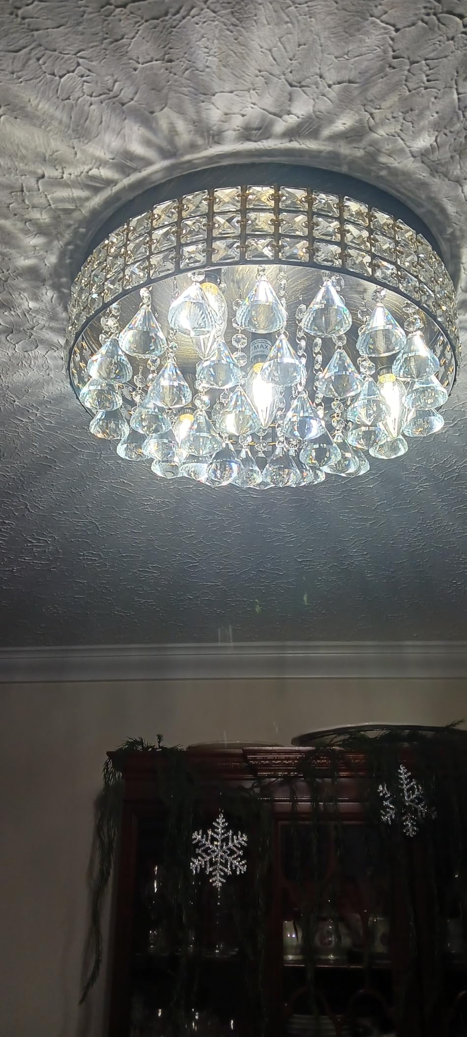 Maxax 4 Lights Crystal Chandelier, Modern Drum Ceiling Light Fixture Lamp, Raindrop Flush Mount Round Metal Shade, for Dining Room, Living Room, Bathroom, Bedroom, Chrome customer photo 2