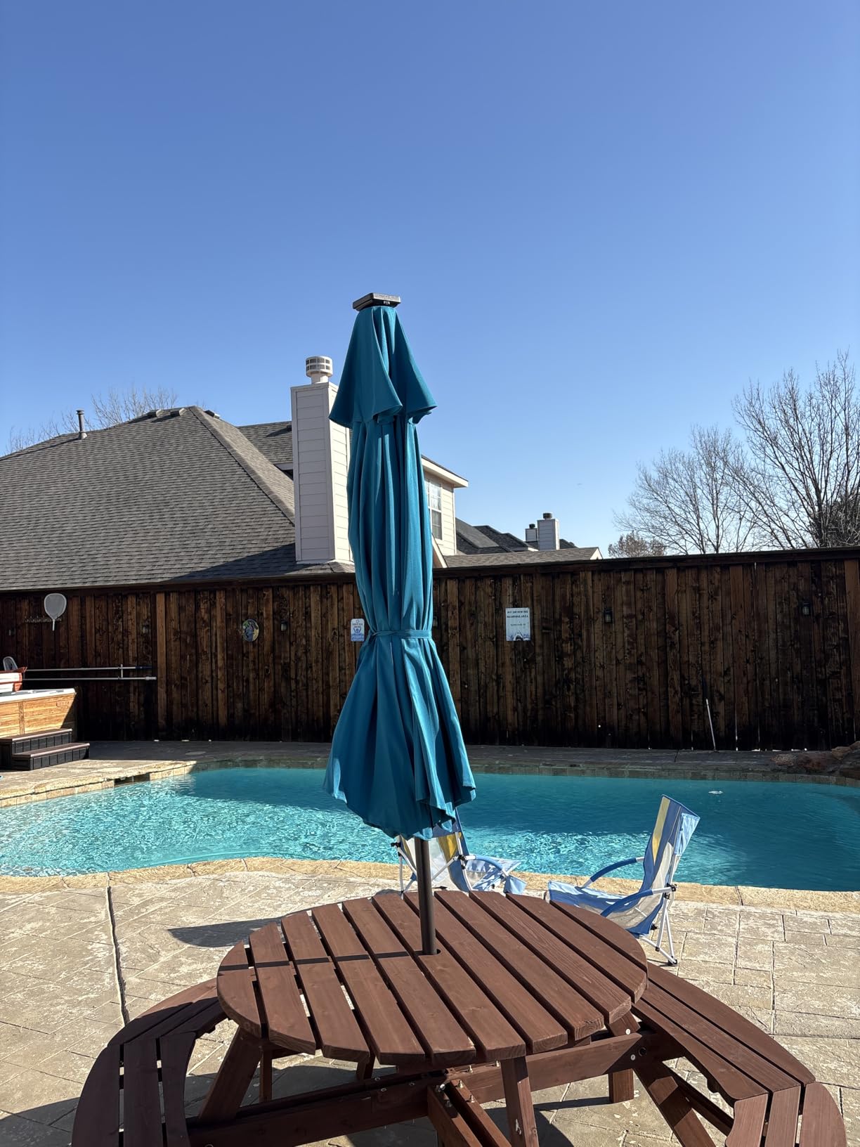 Blissun 9 ft Solar Umbrella 32 LED Lighted Patio Umbrella Table Market Umbrella with Tilt and Crank Outdoor Umbrella for Garden, Deck, Backyard, Pool and Beach (Cerulean) customer photo 2