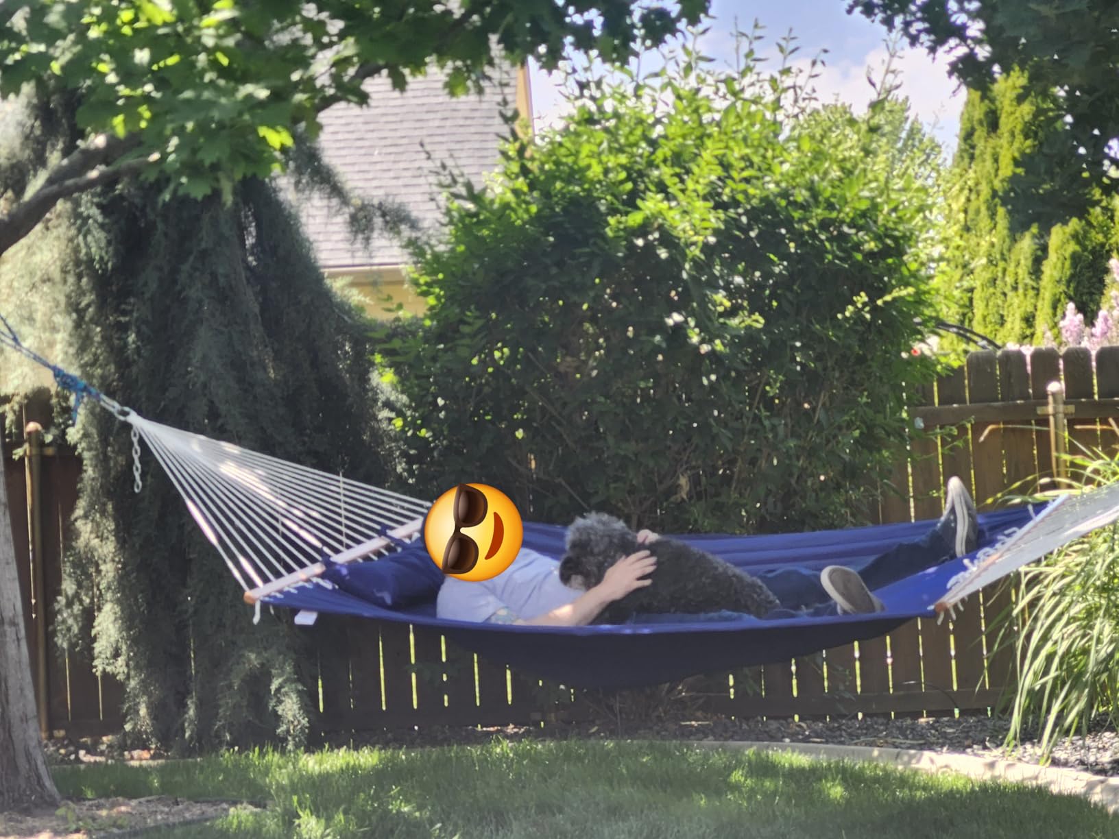 Lazy Daze 12 FT Double Quilted Fabric Hammock with Spreader Bars and Detachable Pillow, 2 Person Hammock for Outdoor Patio Backyard Poolside, 450 LBS Weight Capacity, Dark Blue/Natural customer photo 1