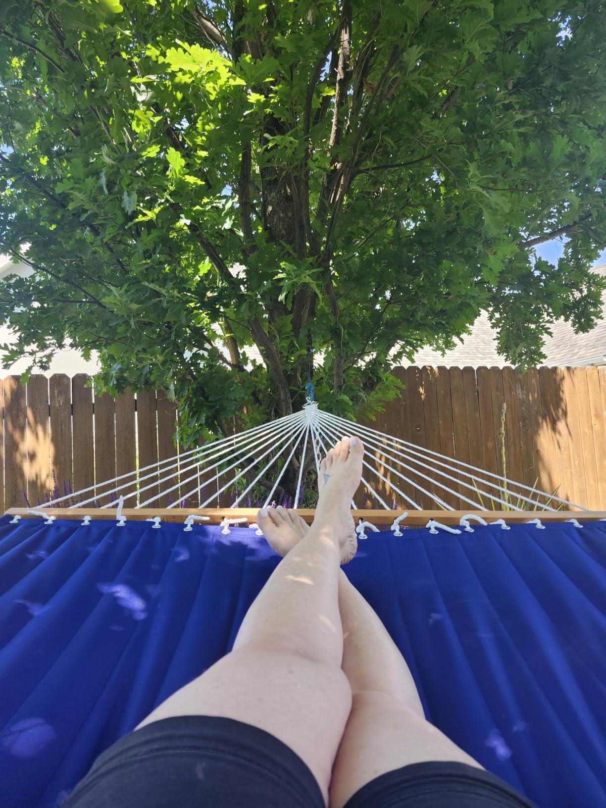 Lazy Daze 12 FT Double Quilted Fabric Hammock with Spreader Bars and Detachable Pillow, 2 Person Hammock for Outdoor Patio Backyard Poolside, 450 LBS Weight Capacity, Dark Blue/Natural customer photo 2