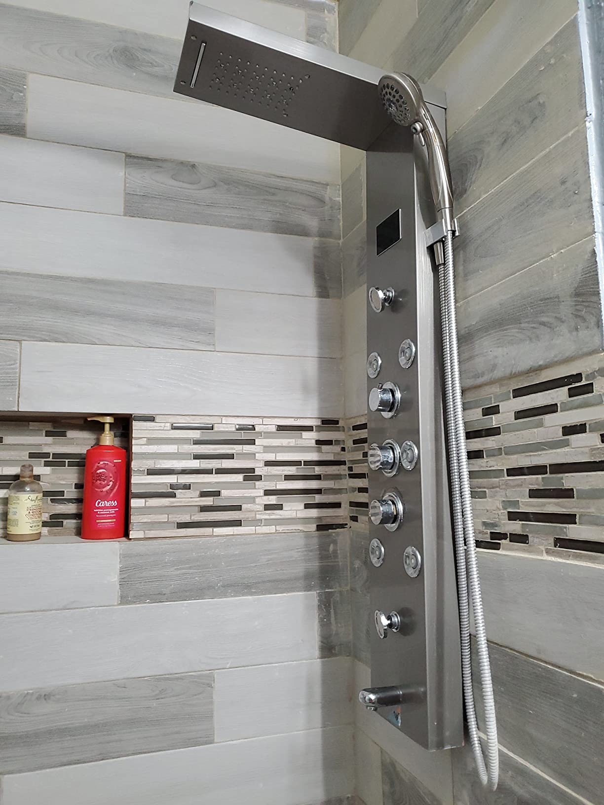 FUZ Contemporary Shower Panel Tower System Stainless Steel 6-Function Faucet LED Rainfall Waterfall Shower Head + Handheld Sprayer + Rain Massage Body Jets + Tub Spout, Brushed Nickel customer photo 2