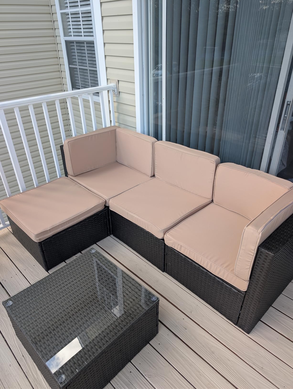 Vongrasig 5 Piece Patio Furniture Sets, Outdoor Patio Set Sectional Sofa, All-Weather PE Rattan Outdoor Couch with Ottoman, Glass Table for Garden, Backyard, Porch, Beige customer photo 1