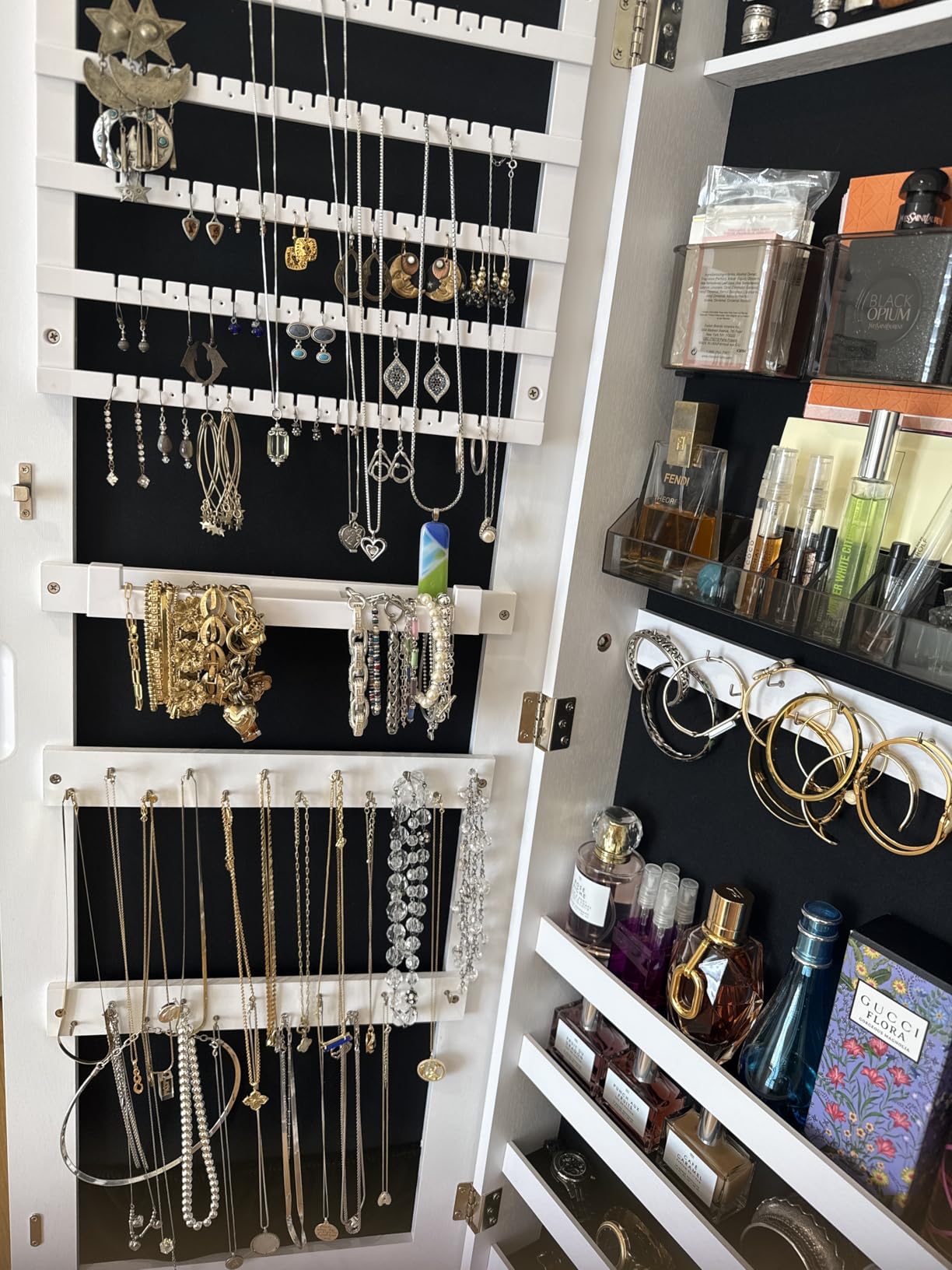 SONGMICS Jewelry Cabinet Armoire, Freestanding Lockable Storage Organizer Unit with 2 Plastic Cosmetic Storage, Full-Length Frameless Mirror, for Necklace Earring, White UJJC002W01 customer photo 2