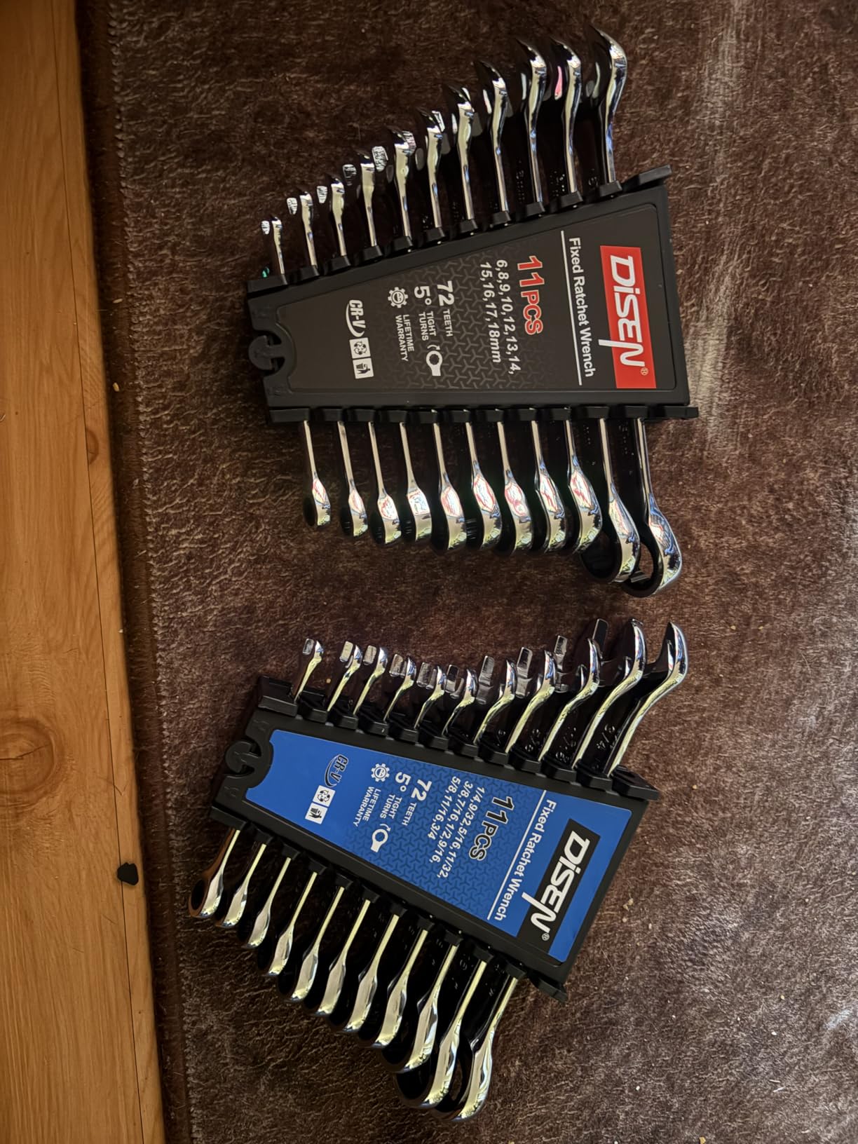 DISEN 10Pcs Ratcheting Wrench Set SAE & Metric Ratchet Wrench Set with Rack Organizer, Premium CR-v Steel, 12 Point, 72 Teeth (Metric 10-15mm & SAE 3/8