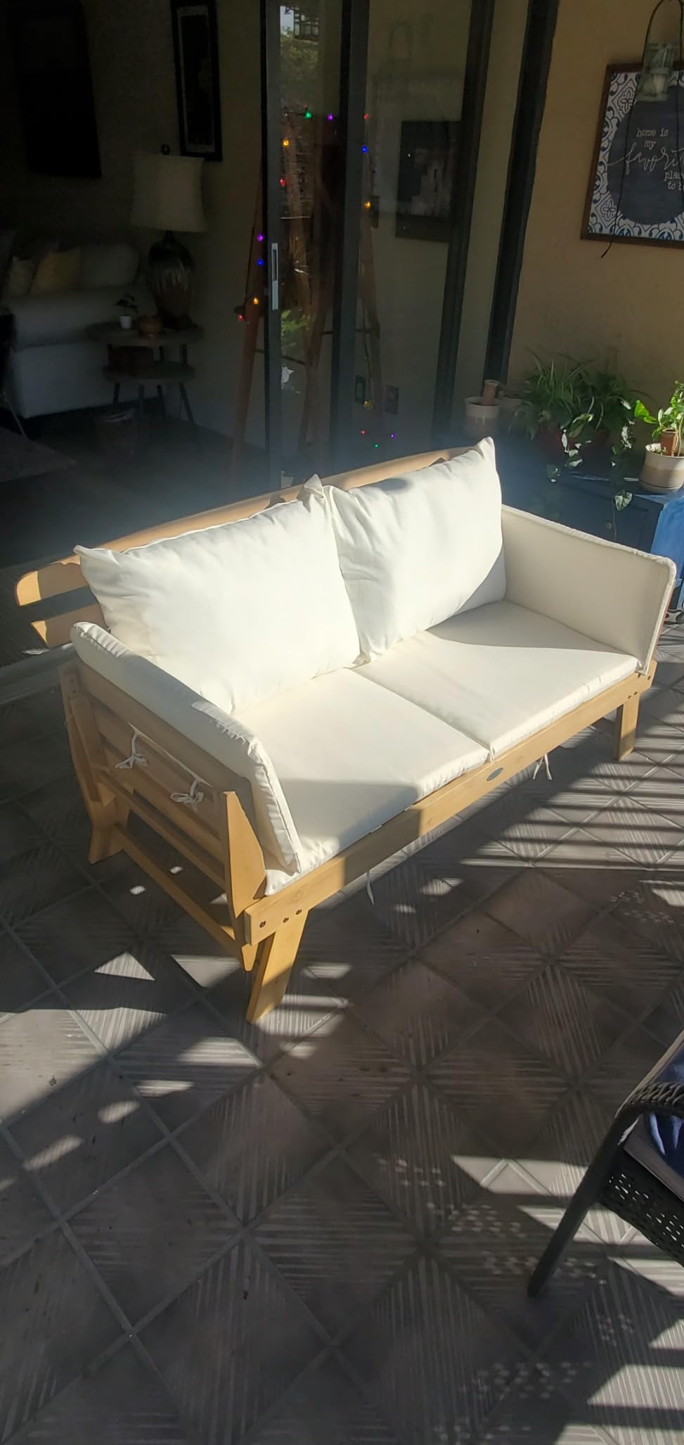 Tangkula Convertible Acacia Wood Patio Couch Sofa Bed with Adjustable Armrest, Outdoor Daybed with Cushion & Pillows, Outside Folding Futon Sofa Couch Bench for Porch, Courtyard, Poolside & Garden customer photo 2