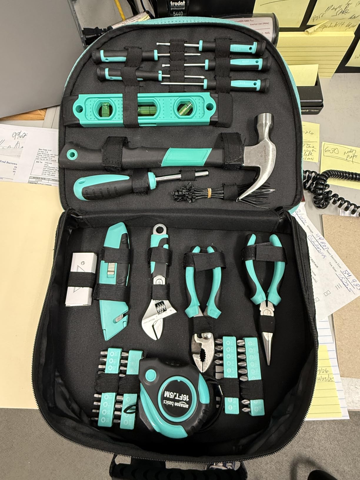 Amazon Basics 104-Piece Home Repair Household Tool Set with Easy Carrying Round Pouch, Portable Hand Tool Kit, Turquoise, 14.4 x 11.4 x 3 inches customer photo 1