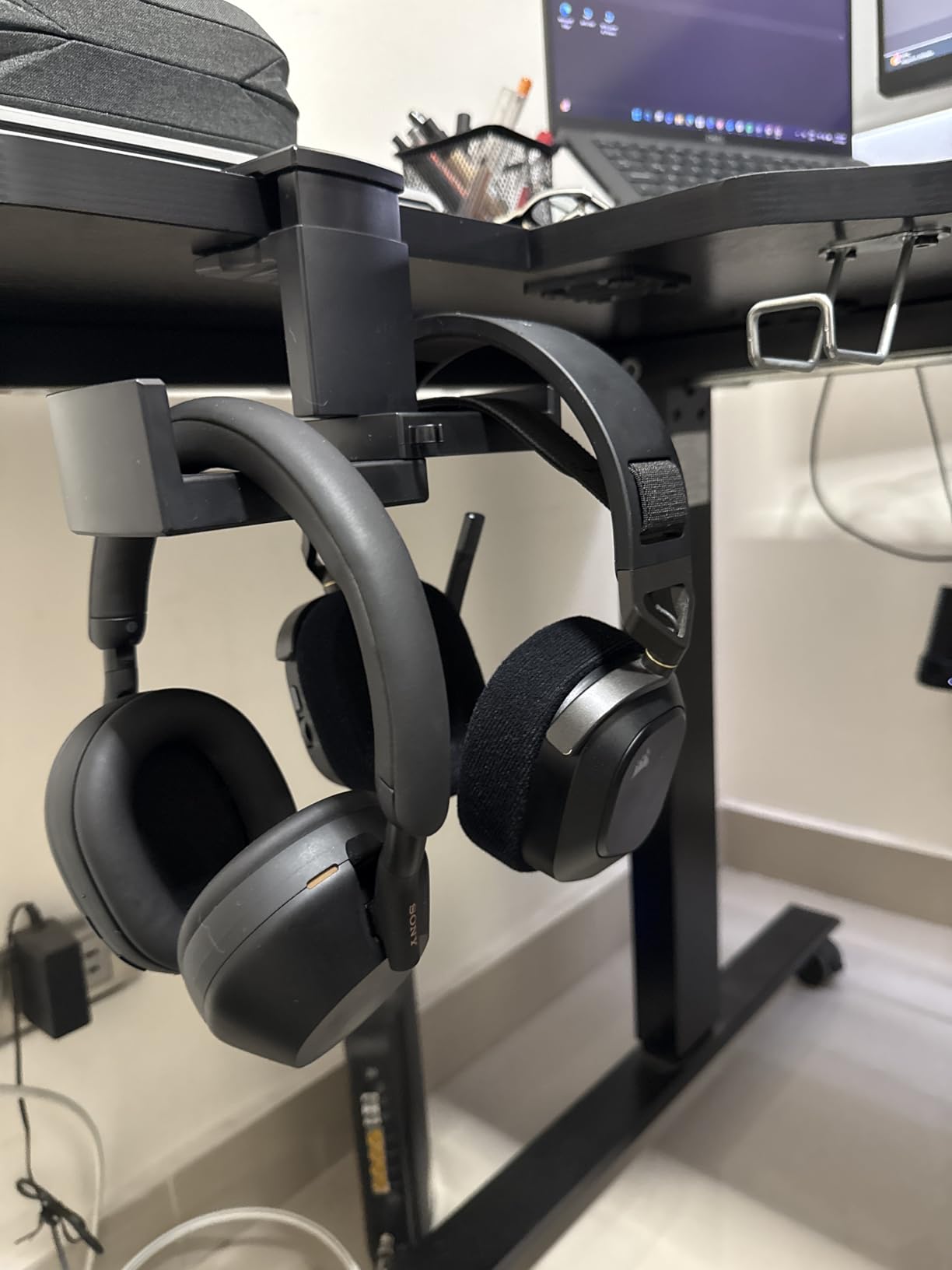 Dual Headphone Stand Holder - EURPMASK 2 in 1 PC Gaming Headset Hooks, 360 Degree Rotating Headphone Hanger with Adjustable Clamp & Cable Clip Organizer, Headset Mount Under Desk Earphone Clamp-Black customer photo 1