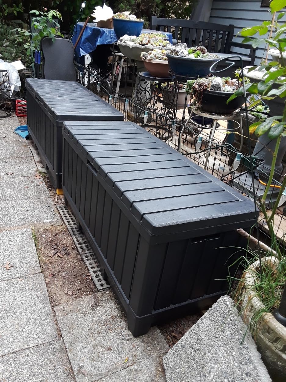 Keter Kentwood 92 Gallon Resin Deck Box-Organization and Storage for Patio Furniture Outdoor Cushions, Throw Pillows, Garden Tools and Pool Floats, Brown customer photo 2