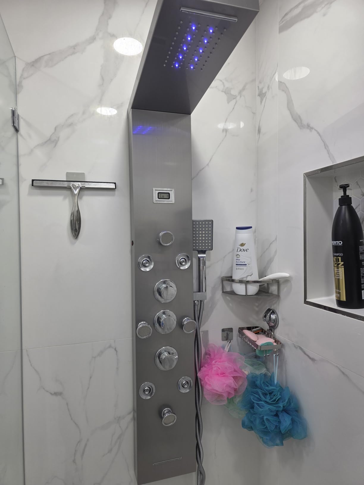 POPFLY 6 In 1 LED Shower Panel Tower System, 8 Body Massage Jets, 304 Stainless Steel Wall Mount Rainfall & Waterfall Shower Column Towers with Temperature Display, Tub Spout, Black customer photo 1